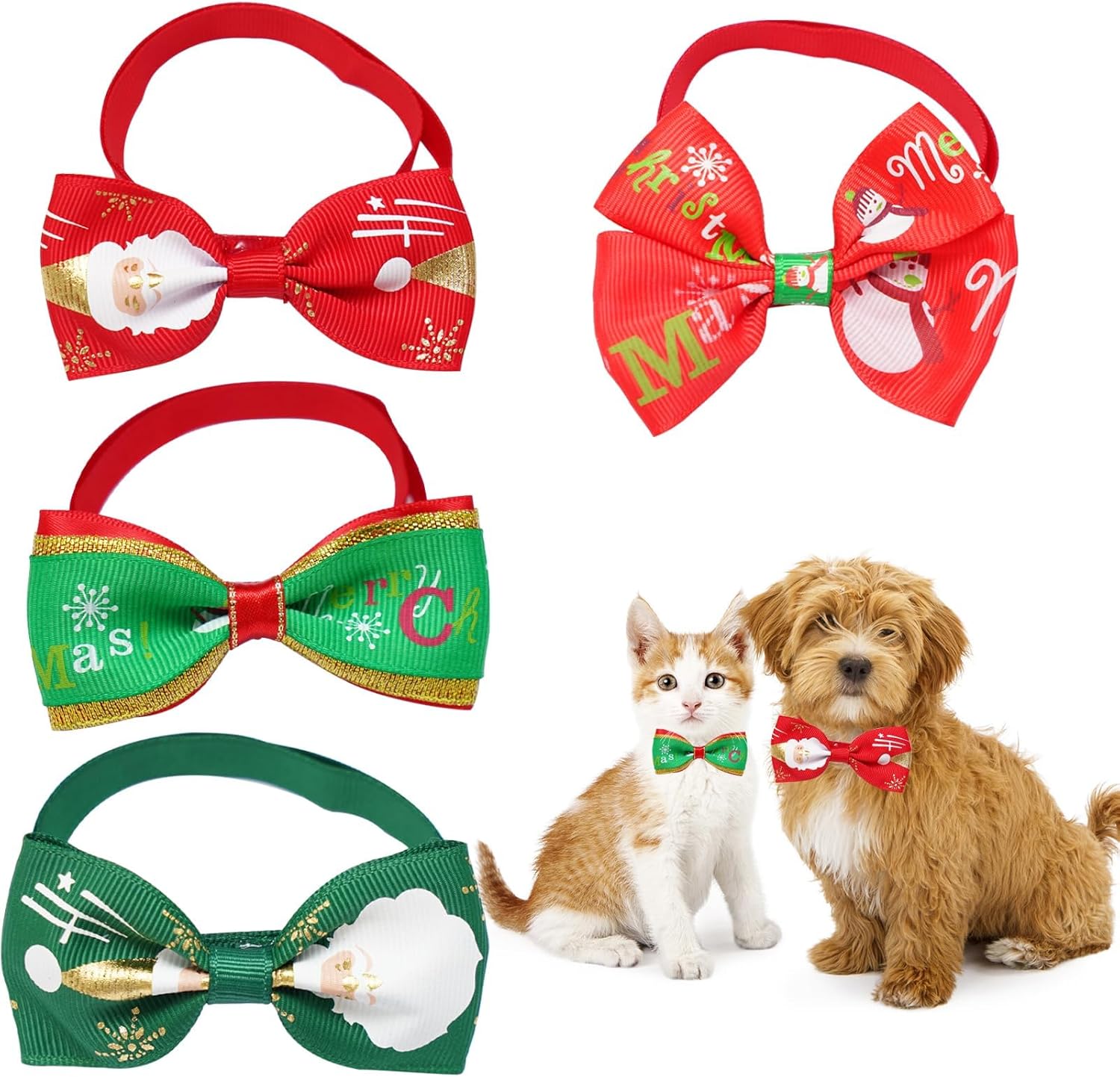 Christmas Bow Tie, 4Pcs Adjustable Xmas Bow Ties for Cats and Small