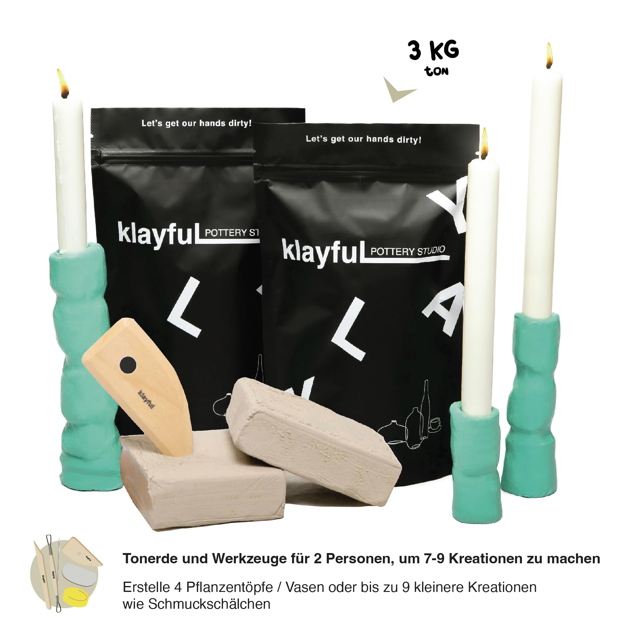 Klayful Töpferset Erwachsene | Keramik Bemalen Set | Lufttrocknender Ton | DIY Bastelset für Anfänger | Werkzeuge, Acrylfarben, Pinsel, Anleitung (Pastellfarben)