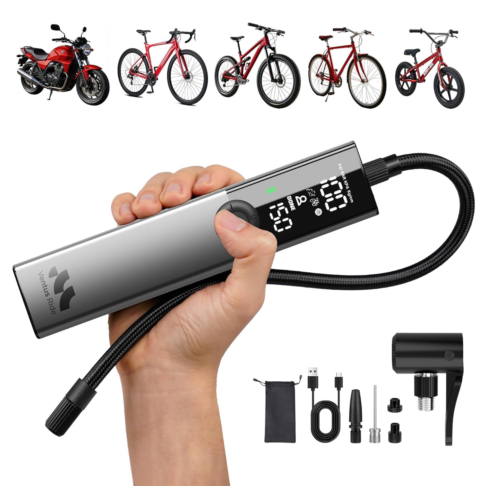 Woowind Ventus Ride Fahrradpumpe, 150 PSI/10,3 Bar, Elektrische Luftpumpe, Aufpumpen in 1 Minute, Akku Kompressor mit Presta-, Schrader-, Dunlop-Ventil für Rennrad, Mountainbike & E-Bike, Auto-Stopp