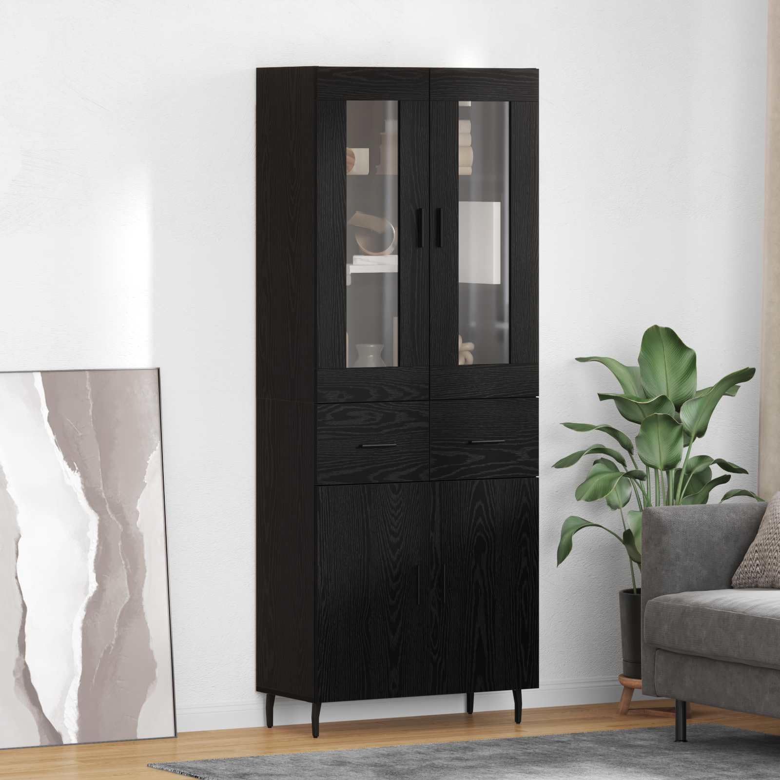 Komoda czarna o wyglądzie dębu, materiał drewnopochodny z 2 drzwiami i szufladami, 69,5 x 34 x 180 cm, do salonu, jadalni, biura, z półką i regałem, nowoczesna, wąska