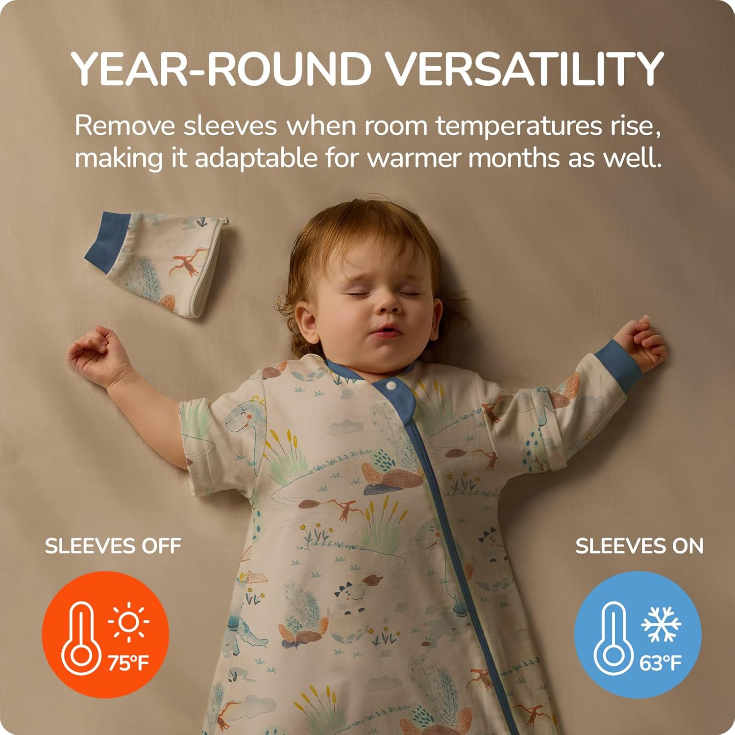 Baby Sleep Sack 12–18 Months, 2.5 TOG Warm Cotton Sleep Sack with Detachable Long Sleeves, Winter Wearable Blanket for Cold Nights, 2-Way Zipper Toddler Sleeping Sack, Dinosaur