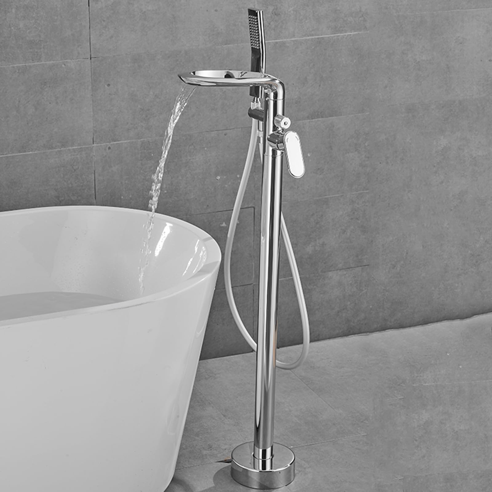 HADECOLL Waterfall Bath Mixer Taps With Shower Freestanding Brass Hot And Cold Floorstanding Bath Tap, Chrome,Chrome