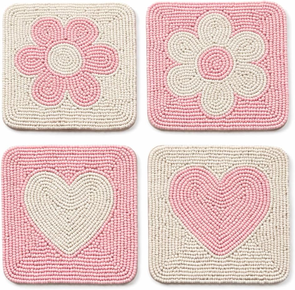 Handmade Beaded Coaster Set of 4 – Non-Slip Boho Drink Coasters, Handcrafted Decorative Table Coasters, Beaded Cup Coasters for Coffee, Tea, Dining Table Protection & Home Decor (Pink)