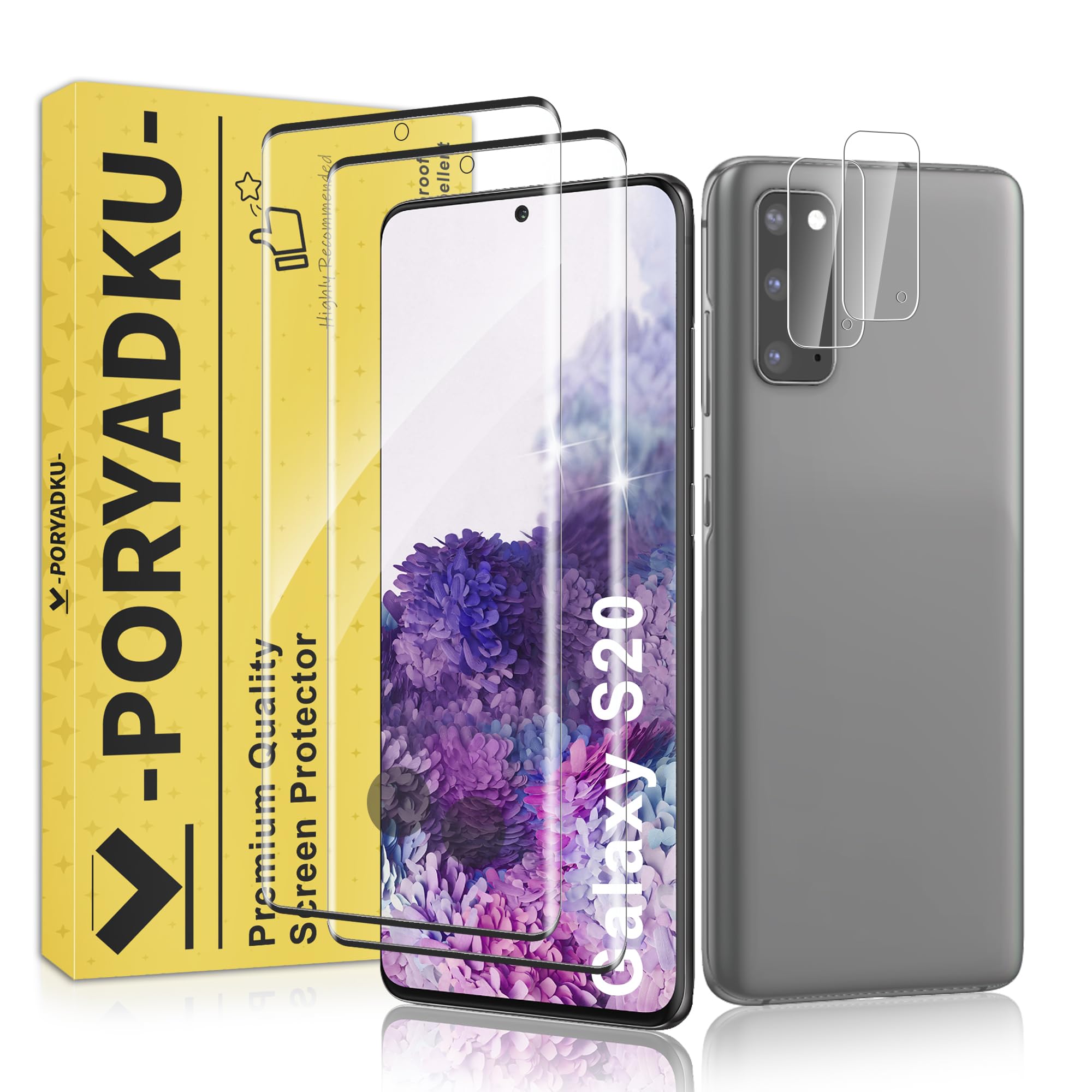 Photo 1 of JavoYion 2+2 Pack for Samsung Galaxy S20 Screen Protector and Camera Protector, Fingerprint Support, Bubble-Free, Case Friendly, 9H Hardness Clear Glass for Galaxy S20