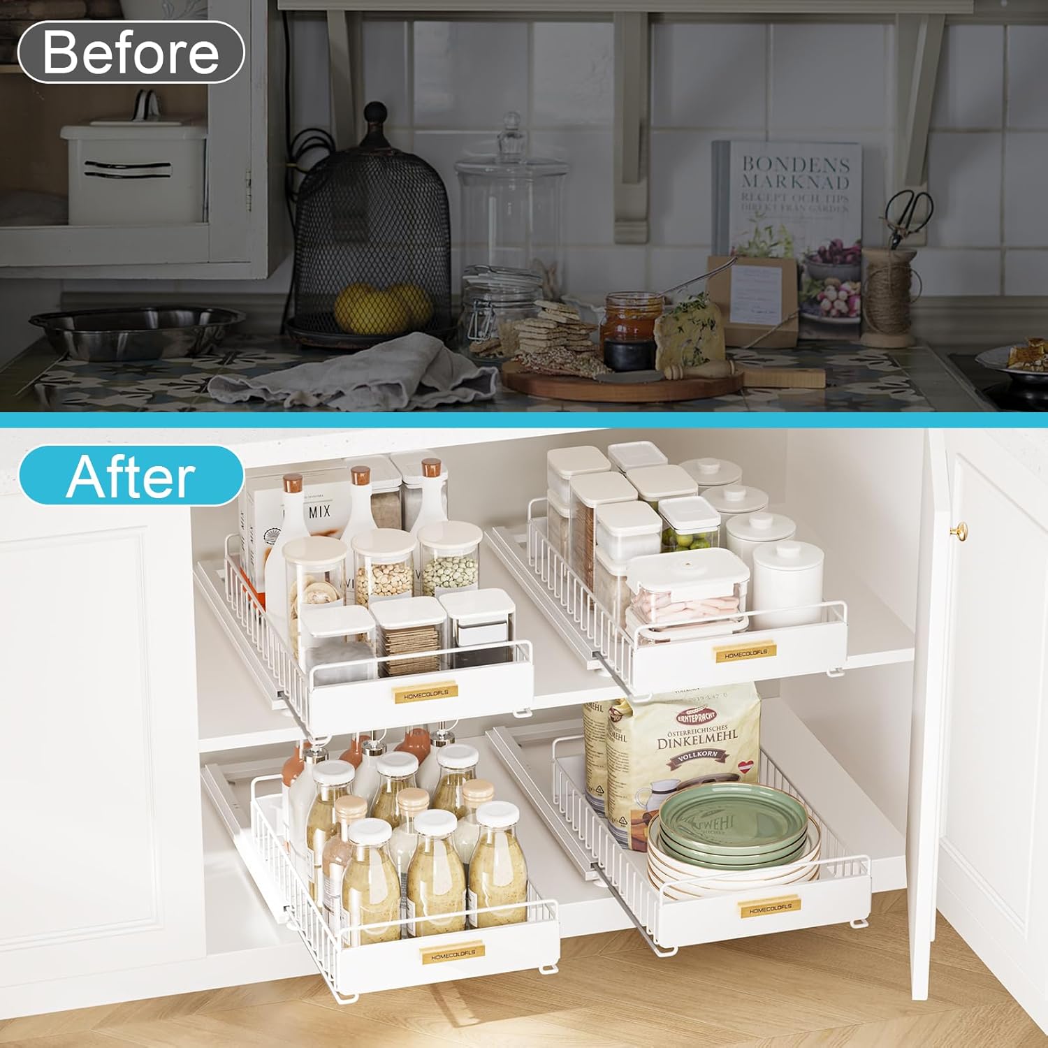 Pull Out Cabinet Organizer,Under Sink Organizer and Storage, Metal Slide Out Drawers for Cabinets, Multi-Purpose Storage Shelf for Kitchen, Cupboard, Bathroom 2 Pack White