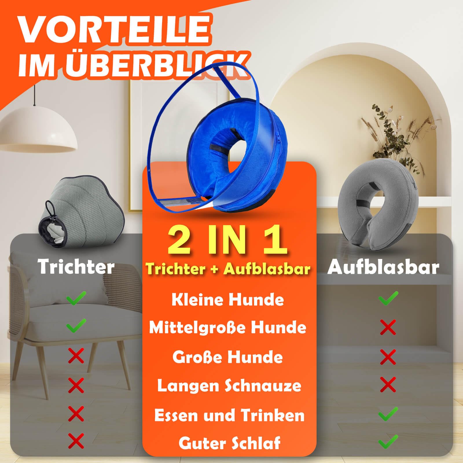 2-IN-1 Aufblasbare Halskrause Hund mit Trichter, Halskrause Katze, Katzenkragen Hundekragen Leckschutz Hund, Hundebody nach OP, Abnehmbar Kragen Katze