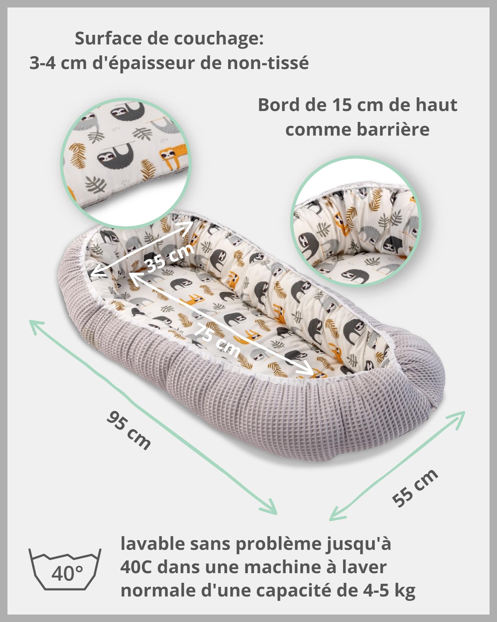Réducteur lit bébé ULLENBOOM Paresseux gris - 95x55 cm - Nid d’ange bébé Öko-Tex et fabriqué dans l'UE - motif baleines bleues – en coton douillet, convient comme lit de voyage ou cale bébé