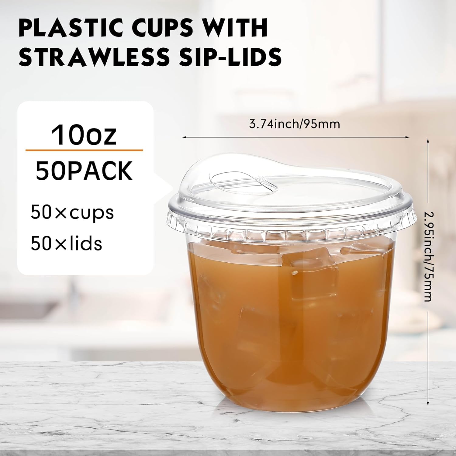 Baderke Clear Plastic Cups with Strawless Sip Lids Disposable Round Bottom Togo Cups for Coffee Smoothie Cold Beverage Coffee Shops and Party Catering(10 oz,50 Pcs) - Image 3