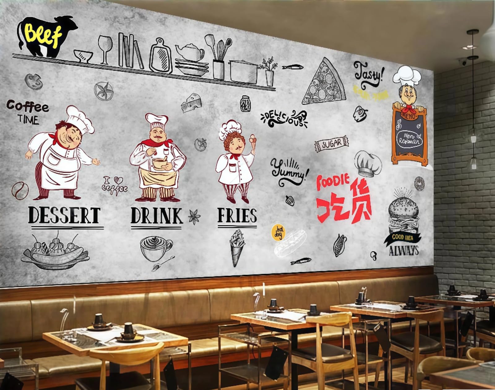 XDOUBAO Wallpaper Retro Cement Wall Delicious Burger Pizza Coffee Dessert Bakery Afternoon Tea Western Restaurant Bar Background Wall Wallpaper Coffee Shop Mural,3D,200x140cm