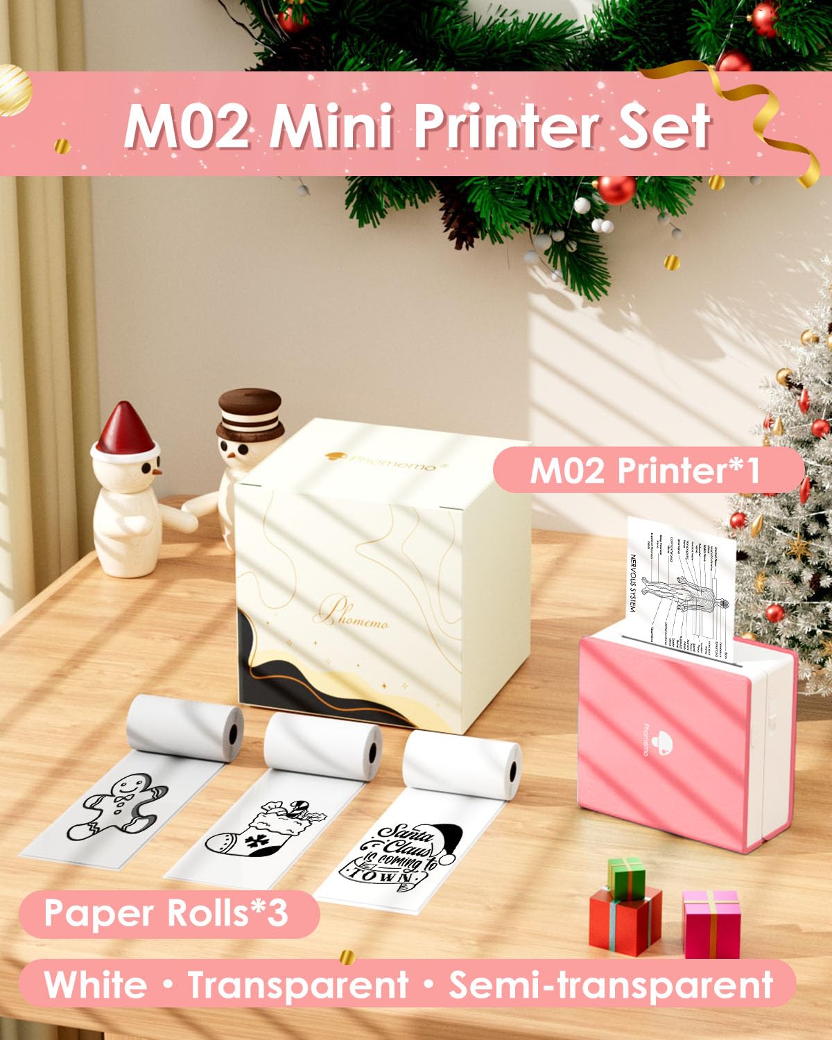 Phomemo M02 Stampante Portatile, Mini Stampante Termica con 3 Rotoli di Carta, Stampante Fotografica Bluetooth per Smartphone Compatibile per iOS e Android - Rosa