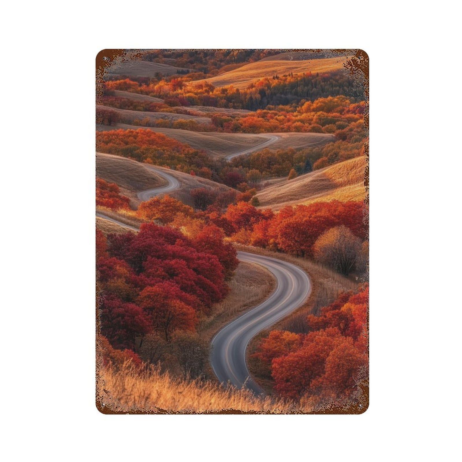 Distressed Metal Wall Sign Autumn Road Through Hills 15.7"x11.8", Vintage Wall Decor for Garage, Bar And Workshop Decor