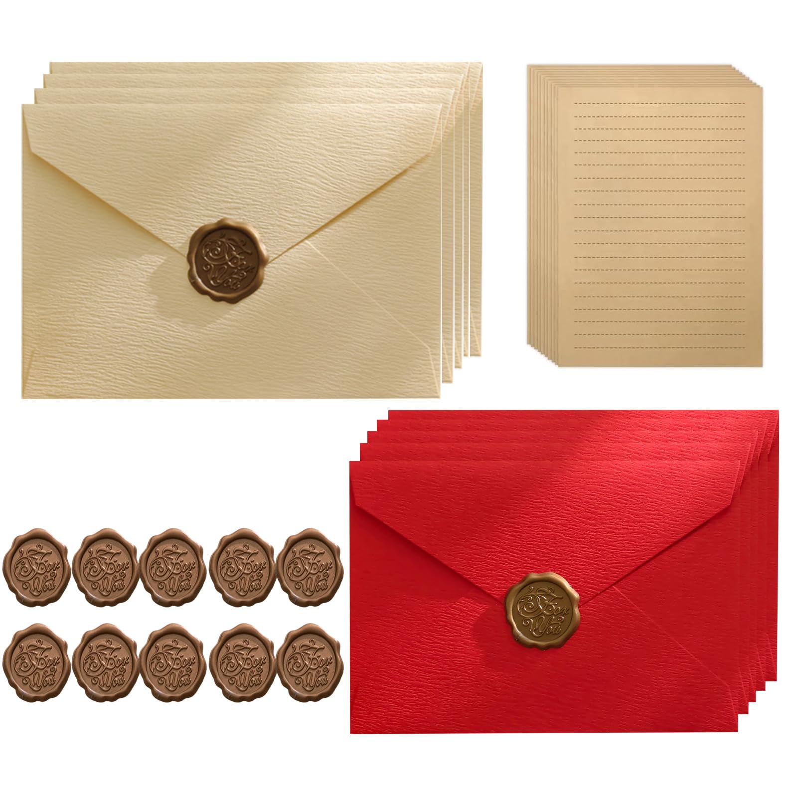 35Pcs Vintage Letter Paper Set with 10 Envelopes, 15 A5 Writing Paper and 10 Wax Seal, Vintage Letter-Paper Aged Envelopes for Birthday, Wedding Invitations, Greeting (Dark Red)