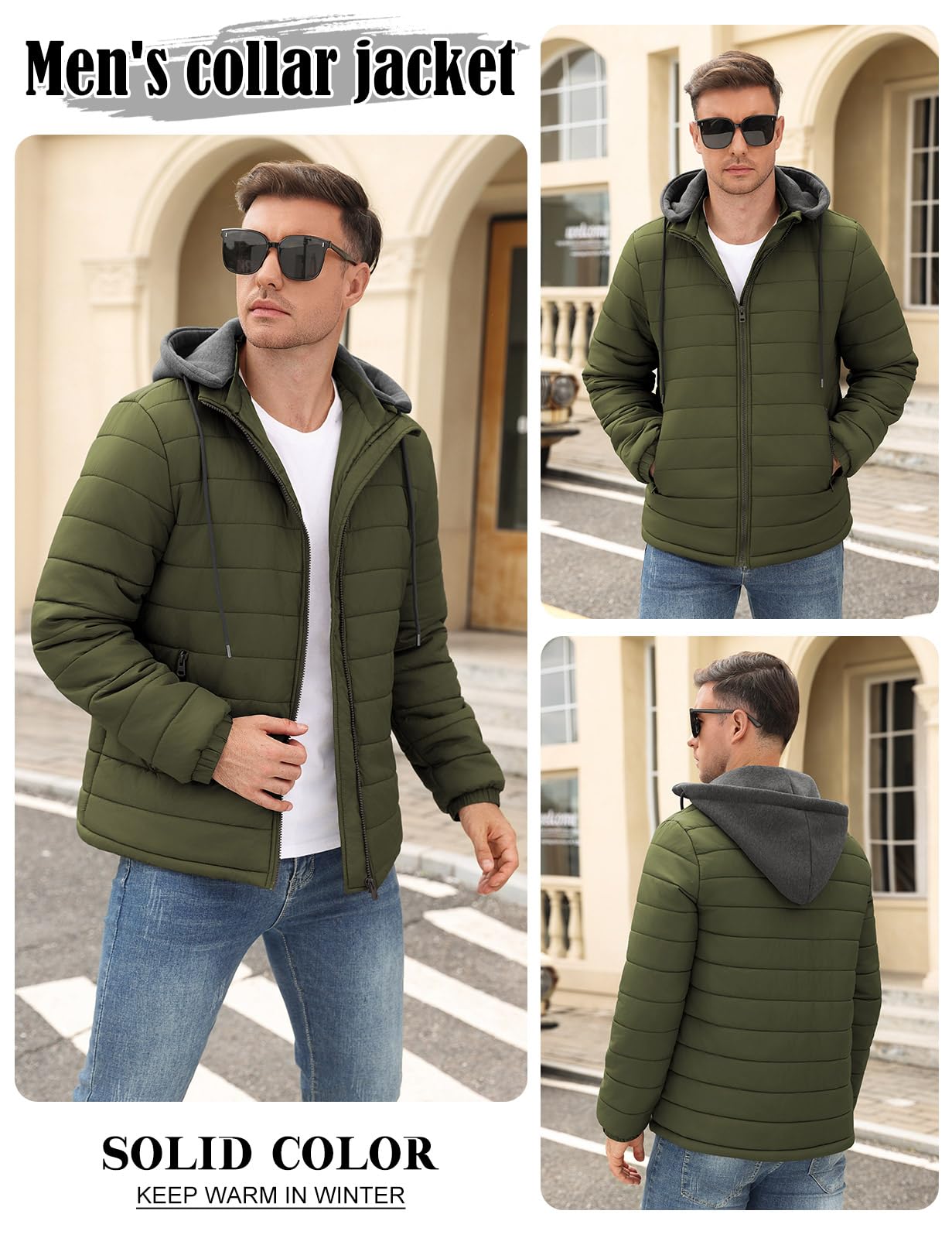 Xnova Chaqueta Acolchada Hombre Invierno Ligera Impermeable Cazadoras Entretiempo con Cremallera Chaquetas Softshell de Plumas Plumiferos Sudadera con Capucha Desmontable