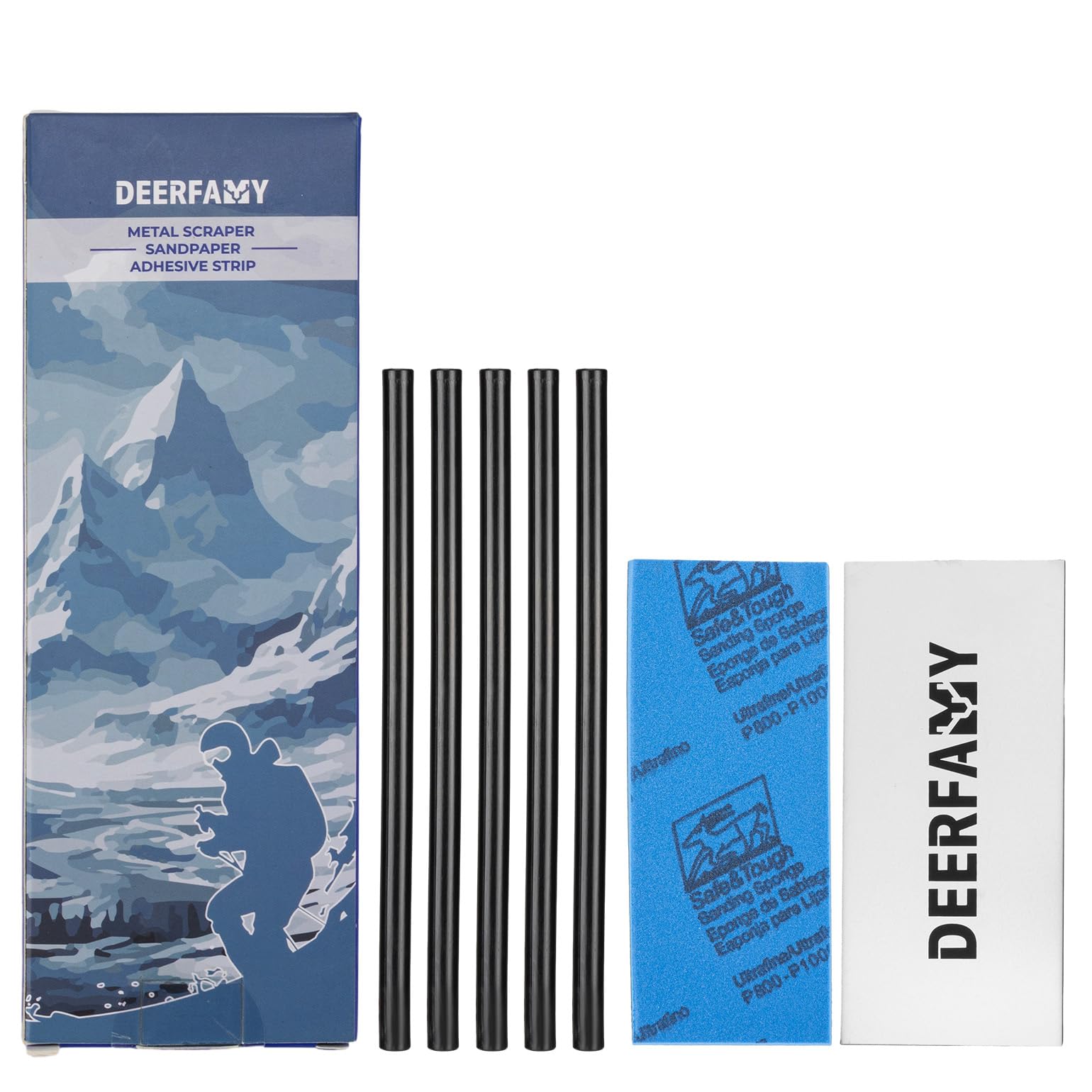 DEERFAMY Snowboard Ski Base Ptex Base Repair Kit: 5 ptex, Metal Scraper, Sanding Sponge Ski & Snowboard P-TEX Base Care Kit, Black/Clear
