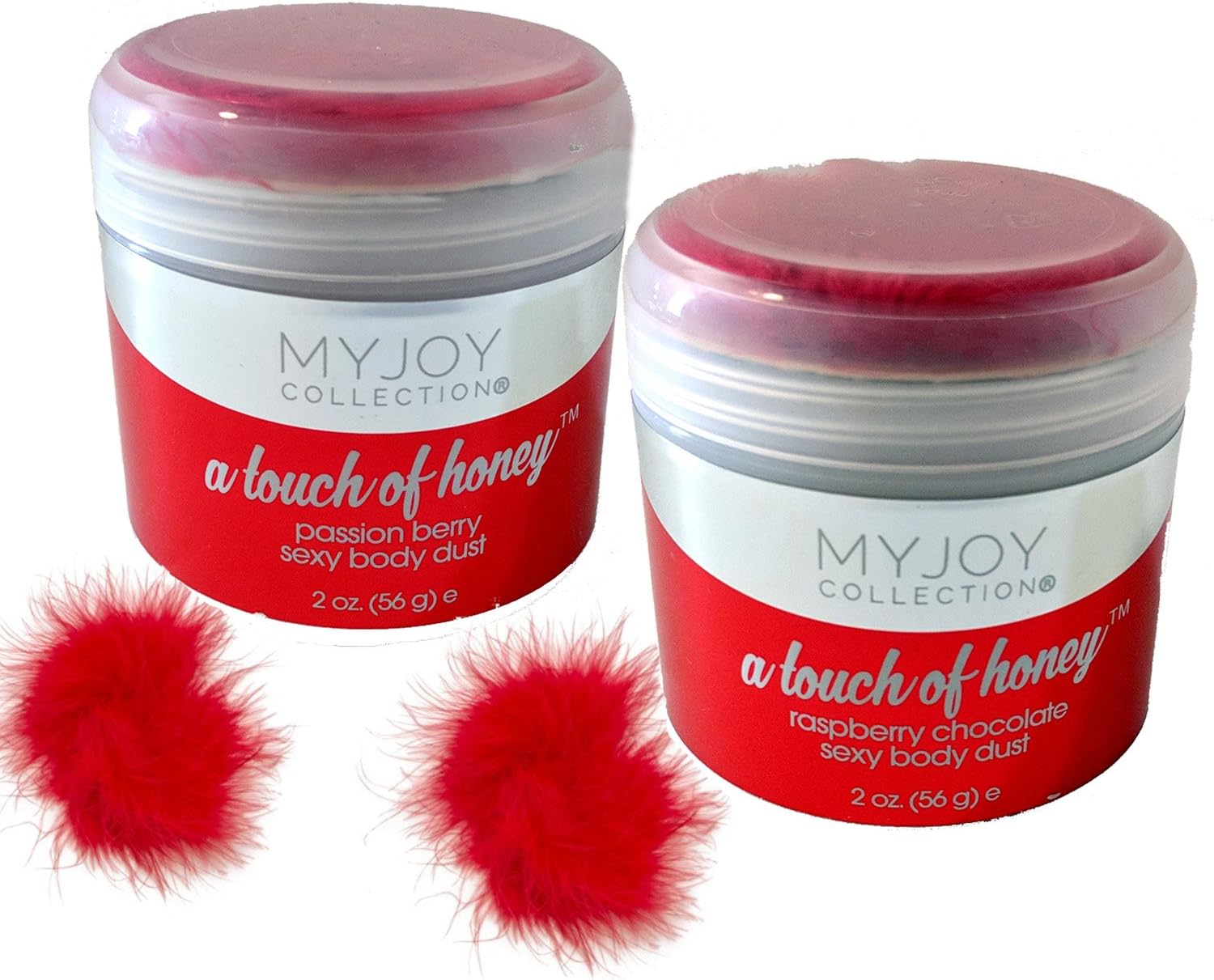 Edible Body Dust in 2 Yummy Flavors Raspberry Chocolate and Passion Berry with Marabou Feather Ticklers Bundle Boxed for Gifting