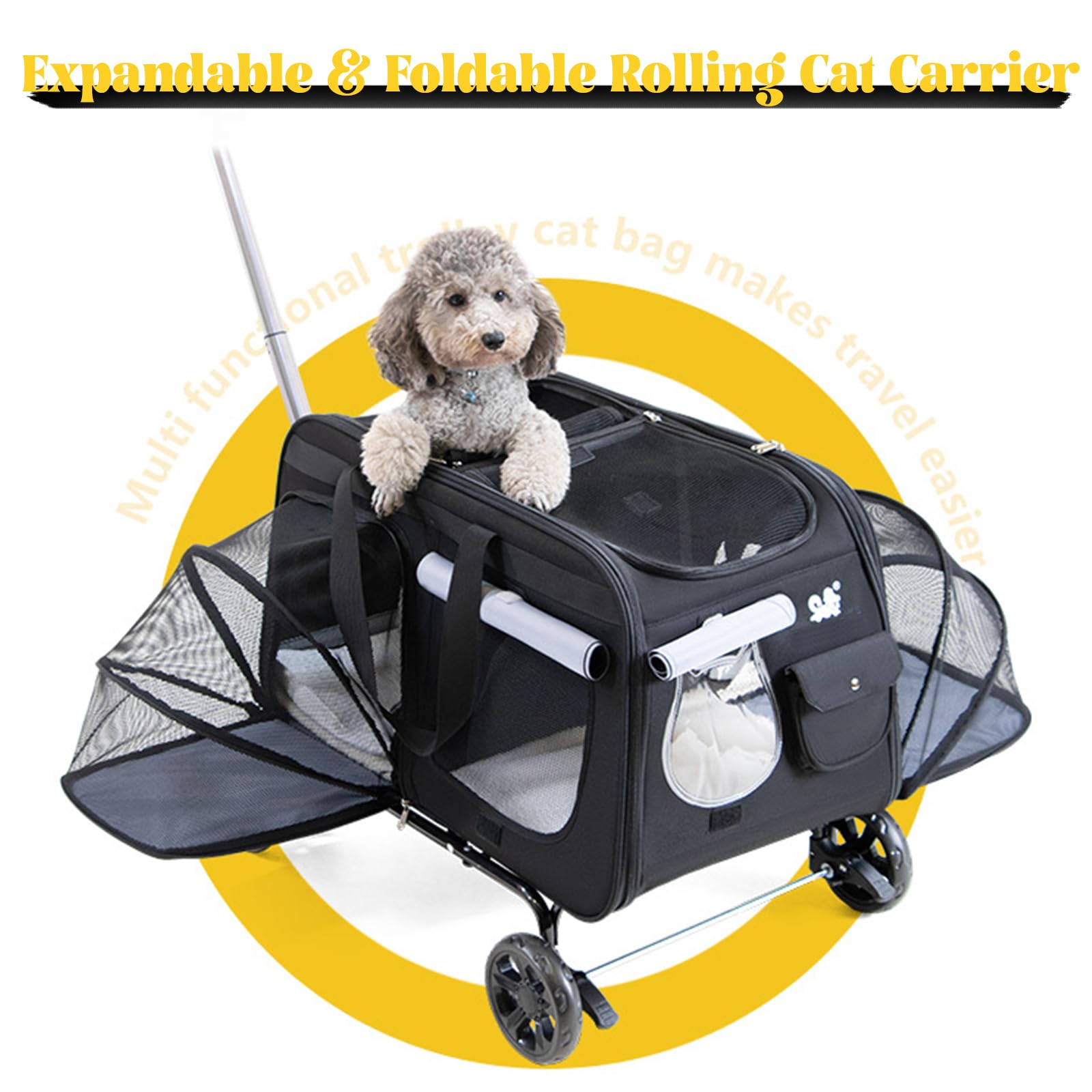 Transportín para gatos con ruedas, transportador extensible para gatos grandes y perros medianos, asa telescópica para un fácil transporte, ideal para visitas al veterinario y viajes