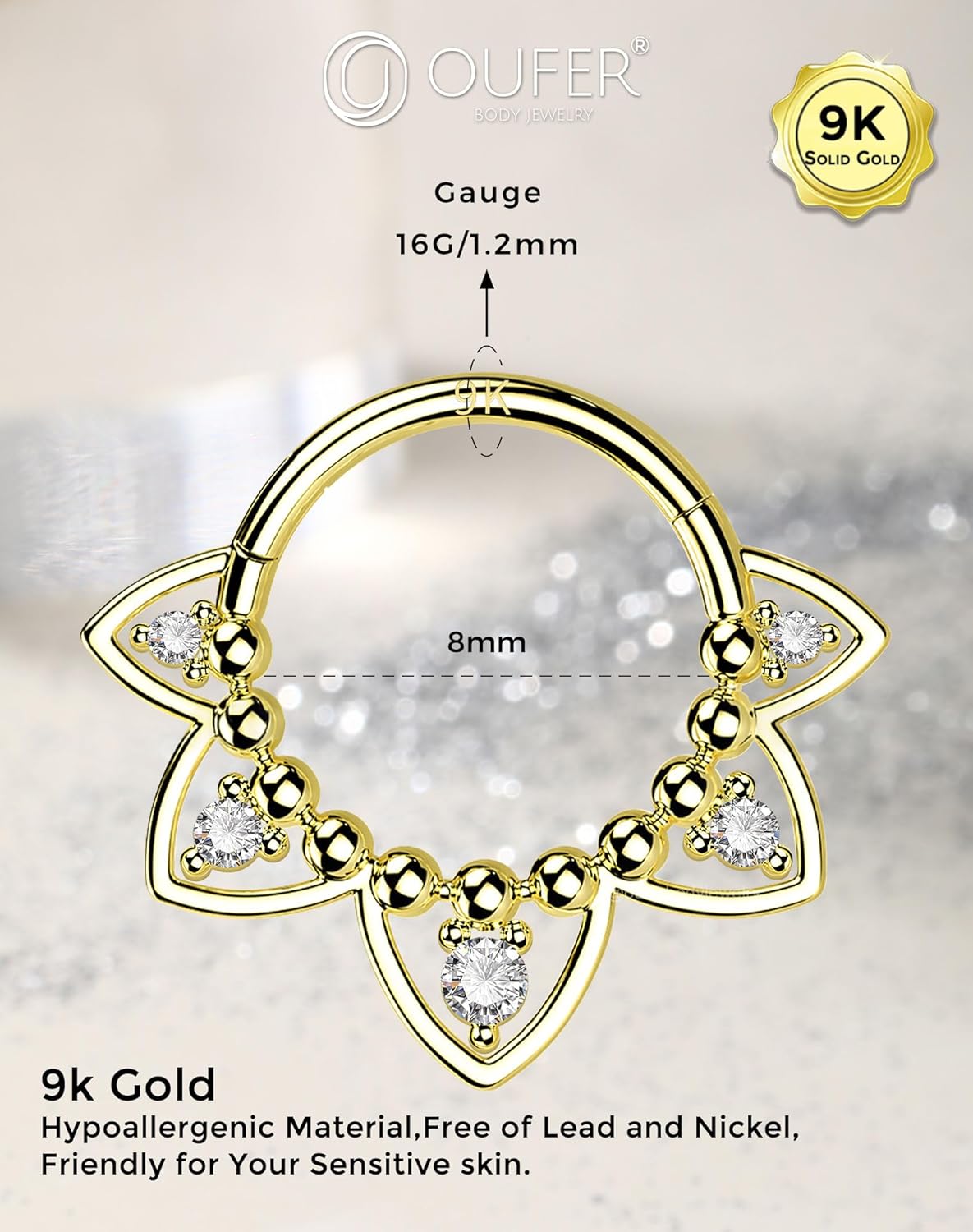 OUFER Gold Daith Piercing Jewelry, 9K Solid Gold Daith Hoop Earring, 16G Clear CZ Design Daith Earrings, Helix Cartilage Septum Piercing Jewelry