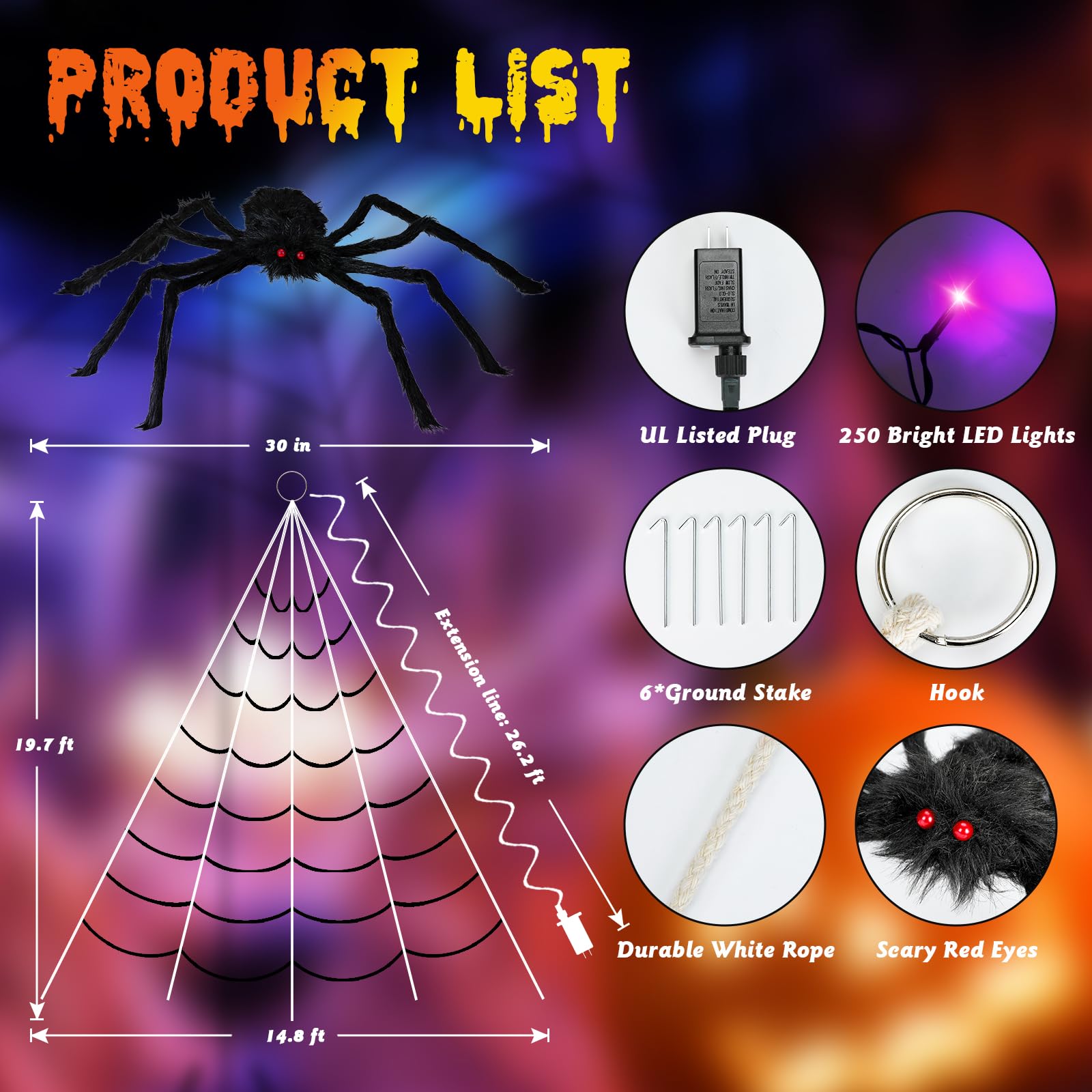 Decoración de telarañas de Halloween para exteriores, telaraña gigante de 19.7 x 14.8 pies con 250 luces LED moradas, telaraña negra triangular iluminada de Halloween con 8 modos y araña para