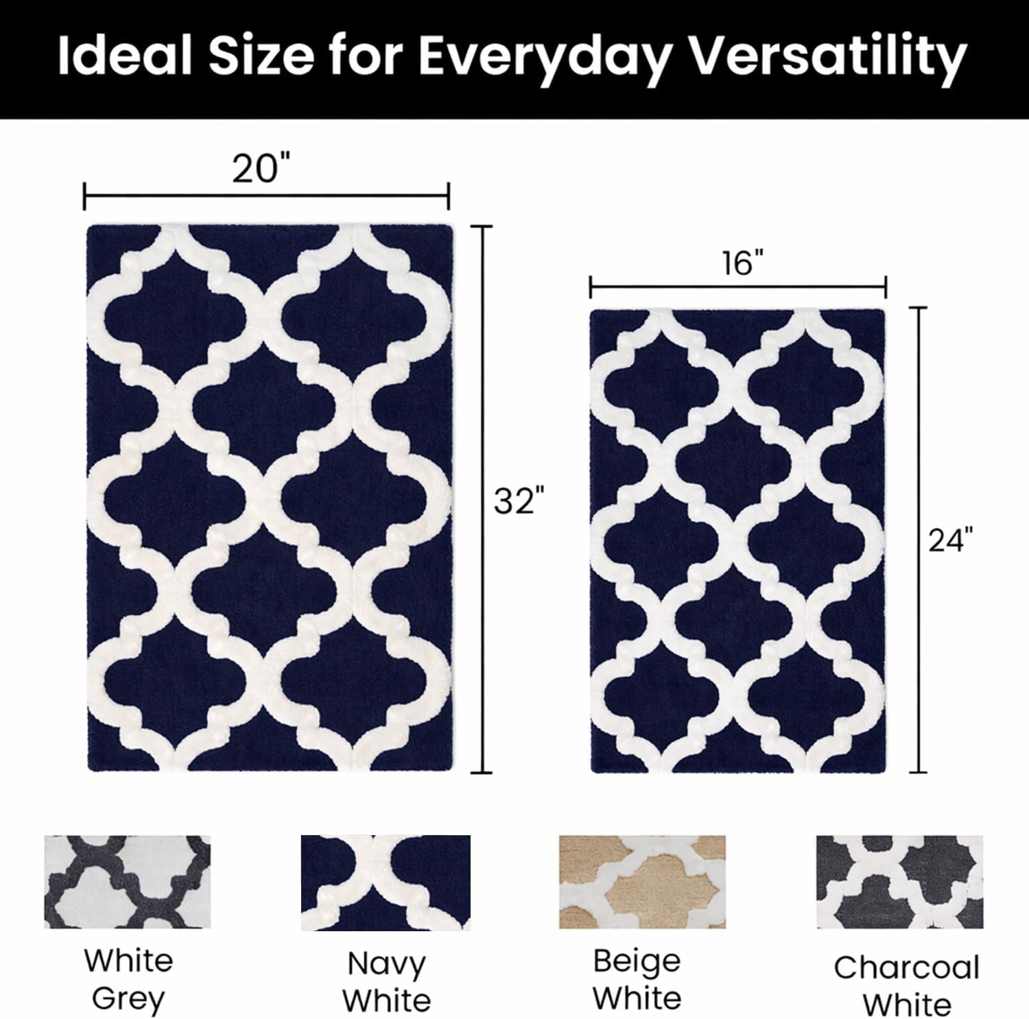 C23 Trellis Navy Blue/White Bathroom Rug 2200 GSM Set of 2-20"x32" & 16"x24" | Ultra-Thick High-Density Bath Mat| Decorative Non-Slip Luxury Bathroom Mat | Hotel Quality, Machine Washable Bath Rug - Image 2