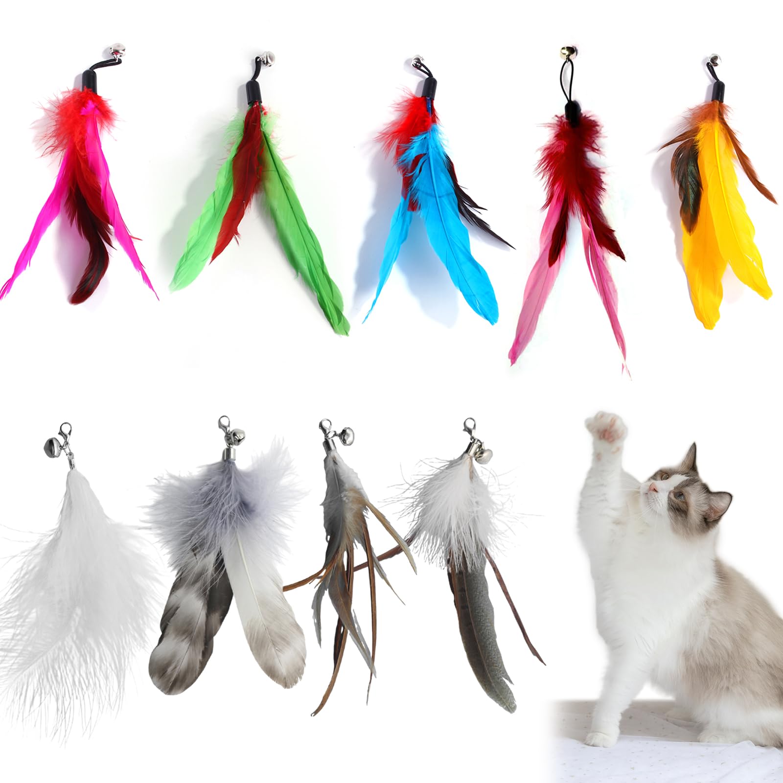 Mezrkuwr 9 piezas de juguete para gatos con campanas, plumas de repuesto para gatos, plumas de repuesto, juguetes para gatos, juguetes interactivos para gatos, multicolor