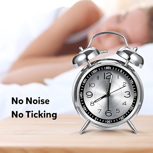 Miniatura 7 de Cadmos Reloj despertador alto para adultos que duermen pesadamente, retro de 4 pulgadas, silencioso, sin tictac, de cuarzo, con luz de fondo, doble