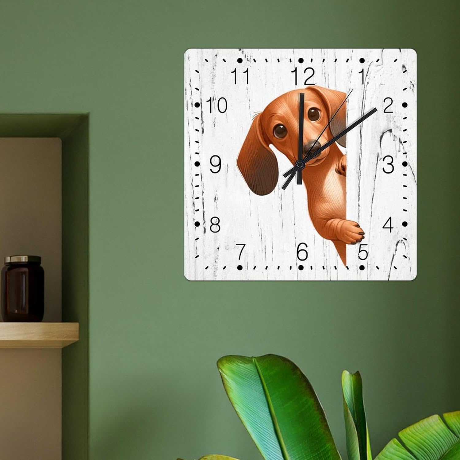 Dachshund Dog Peeking ASquare Corner Clocks Dachshund Art Clocks Battery Operated Square Clocks Funny Dog Animal Wooden Clock for Kitchen Bedroom Office 15x15in Birthday Gift