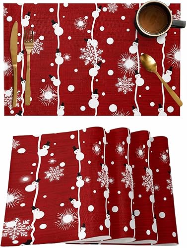 Miniatura 10 de Mantel individual de invierno para mesa de comedor, juego de 4 manteles individuales de algodón y lino impermeable, mantel individual de copo de