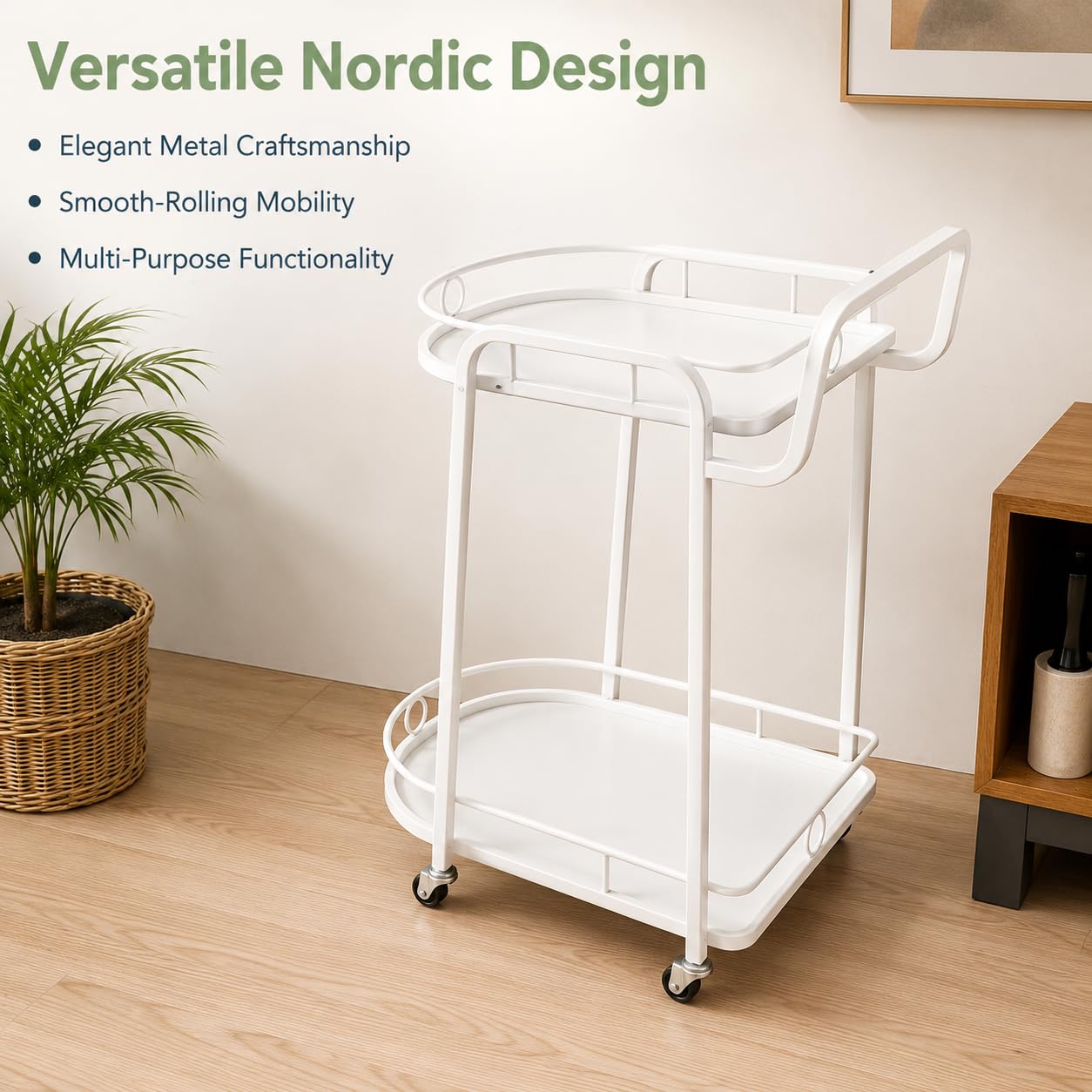 Carrello con Ruote in Metallo, Carrello Ristorante e Salone, Carrello Multiuso per Casa e Hotel, Design Artistico, Bianco, Carrello a 2 ripiani grande