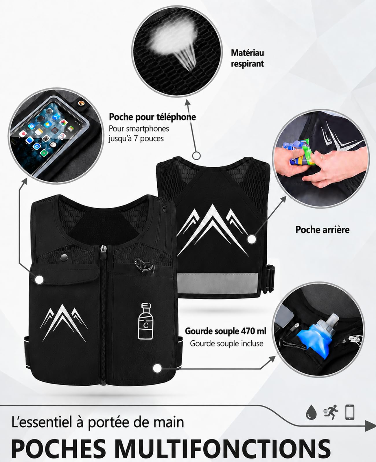 Gilet Hydratation Running Femme Homme, Gourde Souple 470ml, Sac Hydratation Running Femme, Gilet Course a Pied Léger, Ajustable, Réfléchissant Sac Trail pour Randonnée Marathon, Noir