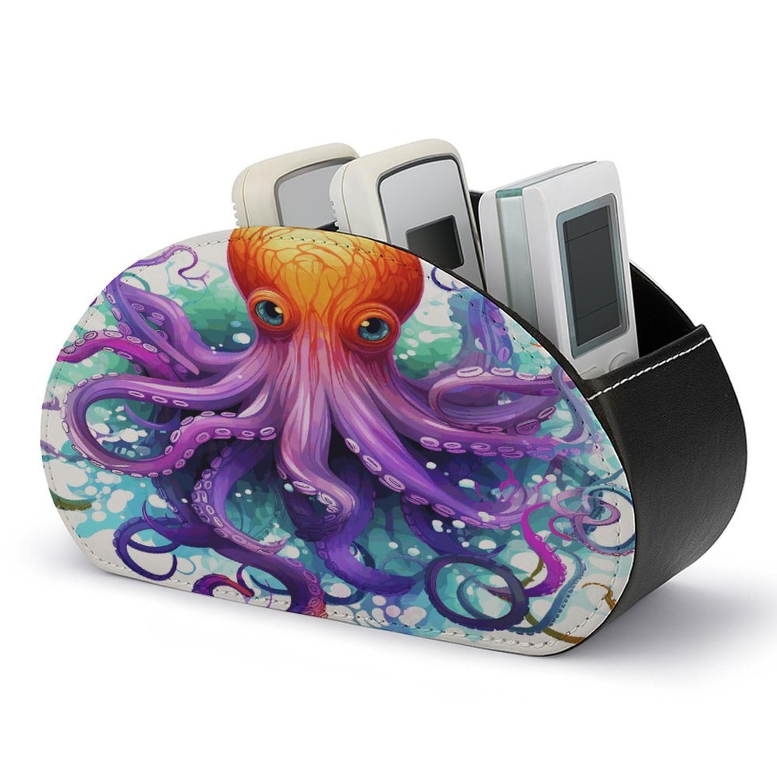 VstaDank Colorful Octopus Remote Control Holder with 5 Compartments PU Leather Remote Caddy Desktop Organizer Store TV Remote Control Storage Box for Home Office Desk Nightstand