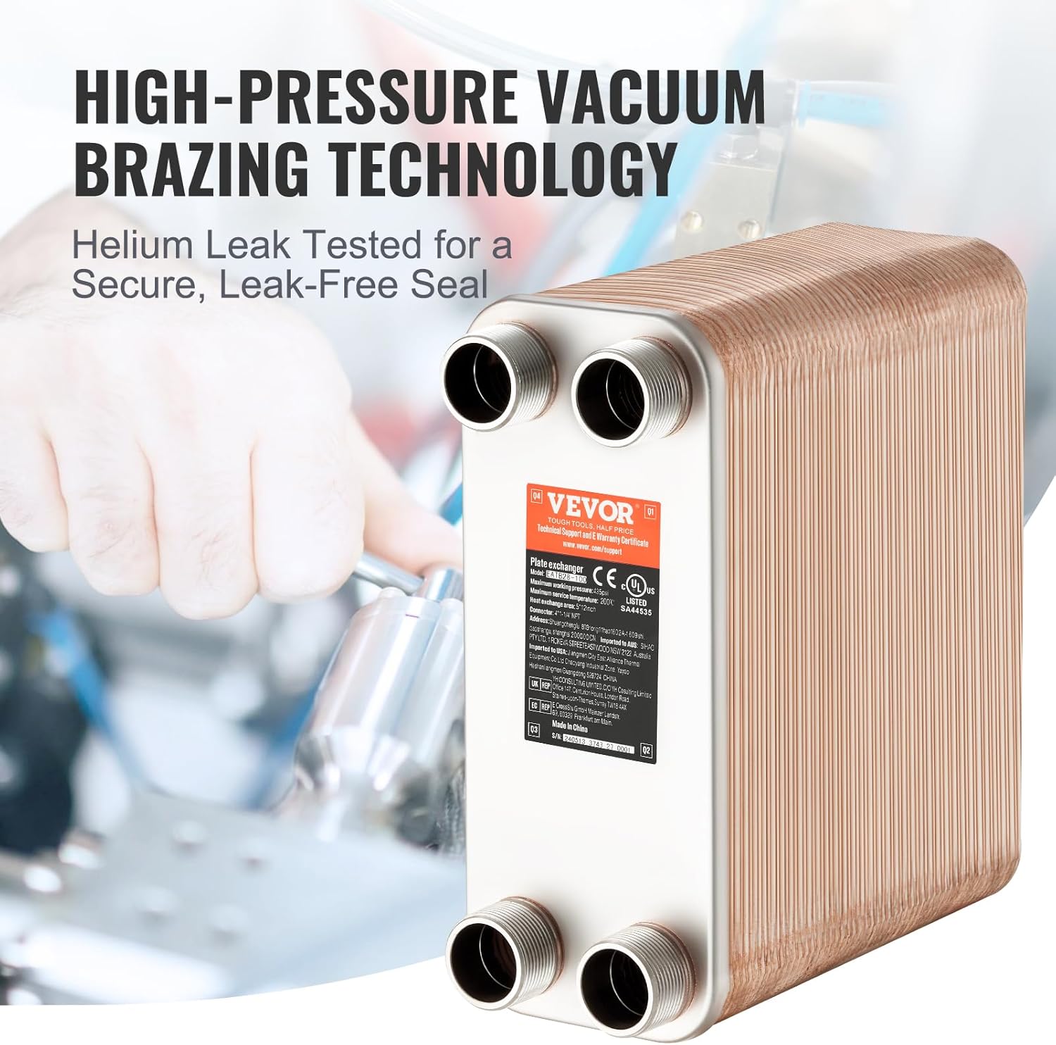 VEVOR Brazed Plate Heat Exchanger, EATB28-100 5"x12" 100 Plates, Copper 316L Stainless Steel for Floor Heating Water Heating Snow Melting Beer Cooling
