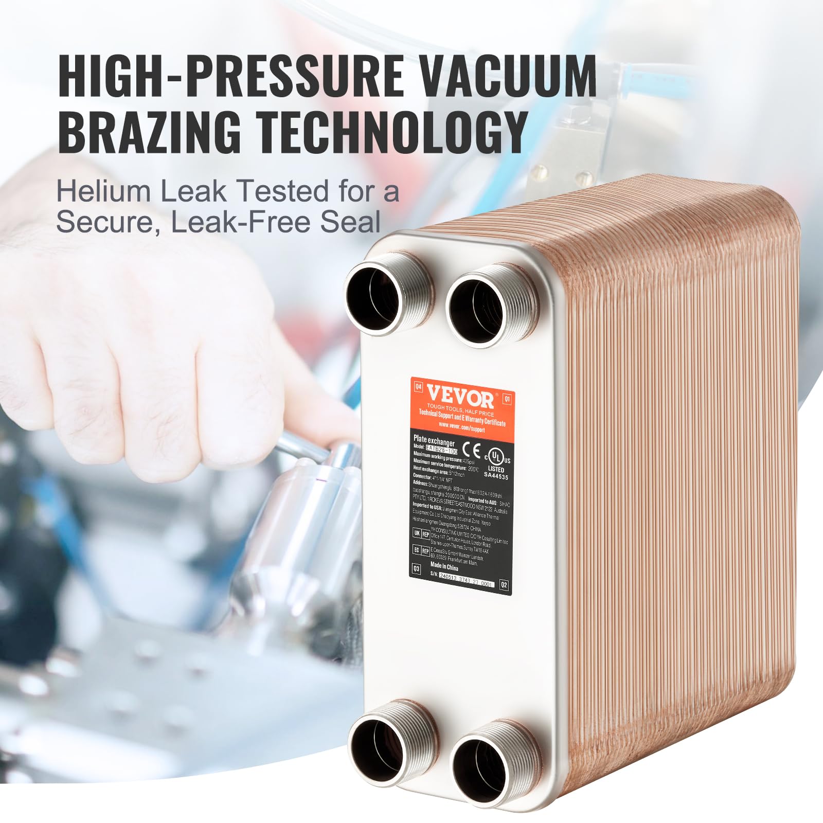 VEVOR Scambiatore di Calore, Piastre Brasate in Rame o Acciaio Inossidabile 316 L 127x305 mm, 100 Piastre, per Riscaldamento a Pavimento, Riscaldamento Acqua, Scioglimento Neve, Raffreddamento Birra