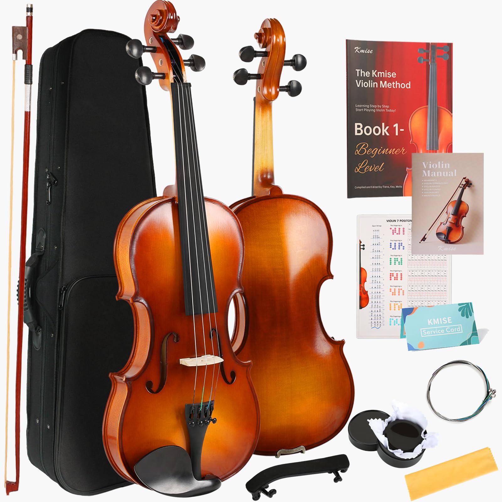 Kmise Kit de iniciación de violín de tamaño completo 4/4 aprobado por maestros para adultos, principiantes, estudiantes, violines acústicos de ébano de alta densidad, paquete de violín con funda, arco
