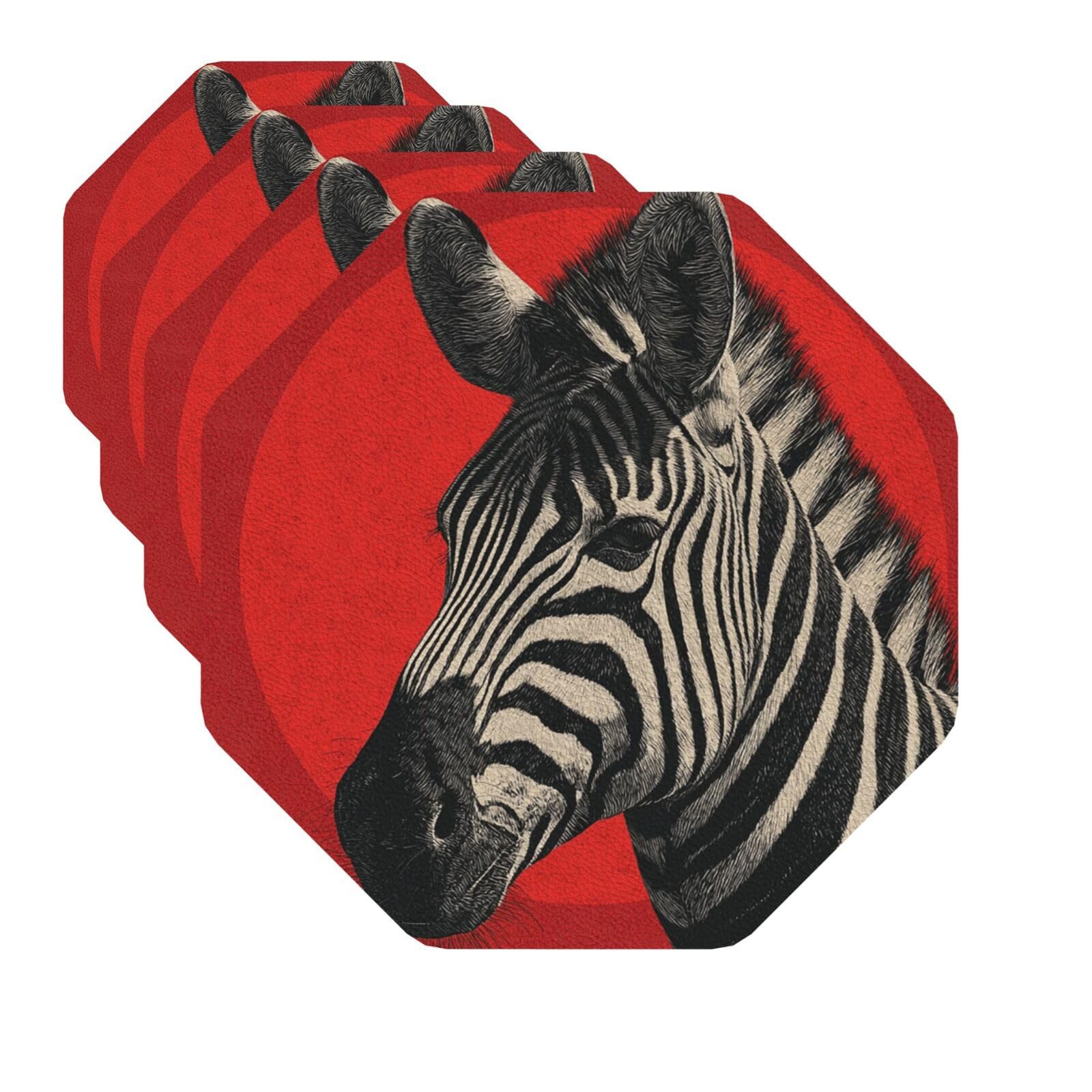 Drink Coasters Set of 4 Quick-Dry Leather Coaster Zebra Red Coasters for Drinks Coffee Cup Mat Tabletop Protection Heat Resistant Coaster for Kitchen Bar Office Home Decor