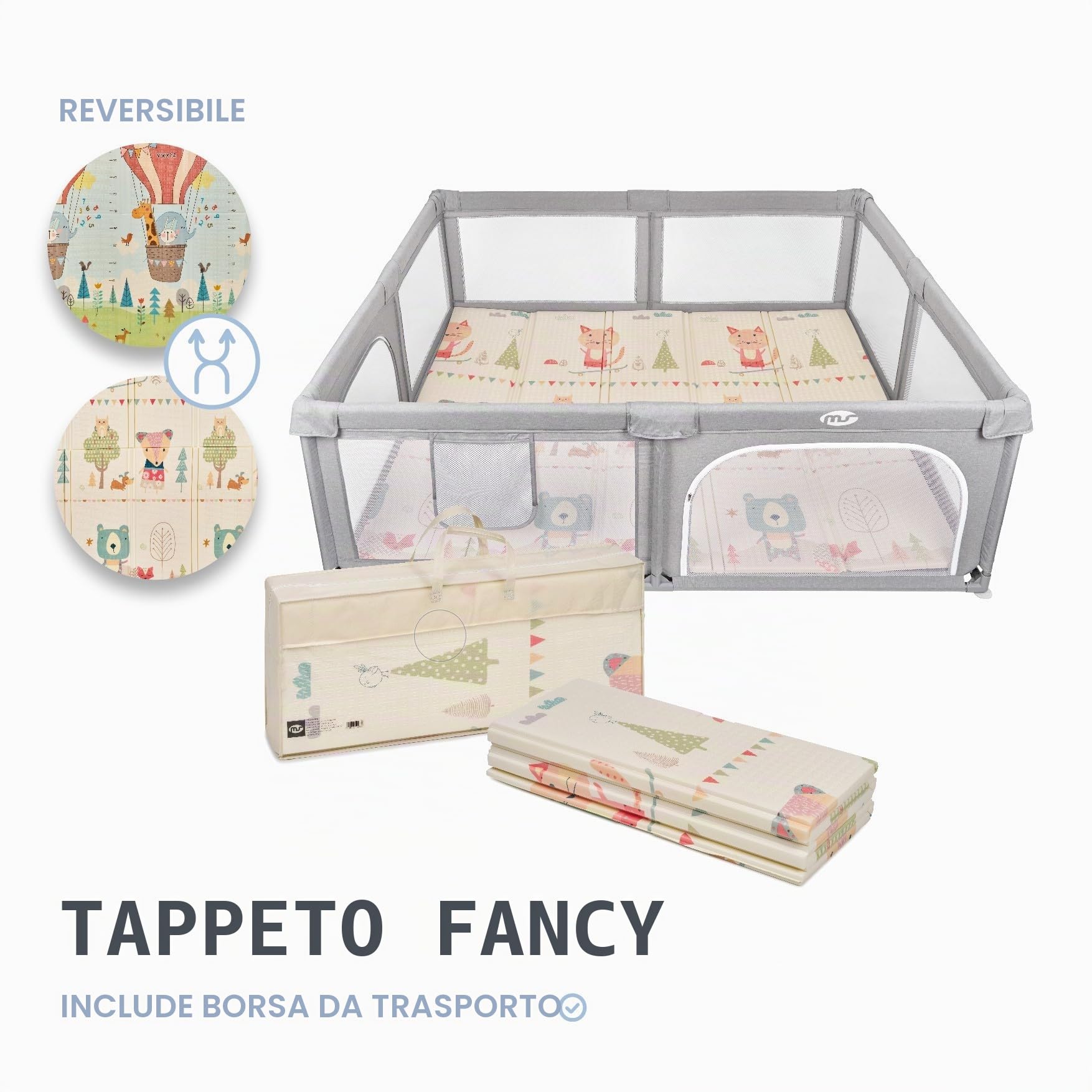 MS BabyWorld - Recinto per bambini XXL + Tappeto gioco per bambini 180 * 200 cm - Tappeto bifacciale, altamente imbottito (spessore 1,5 cm), Box molto grande e alto - pieghevole e con borsa trasporto