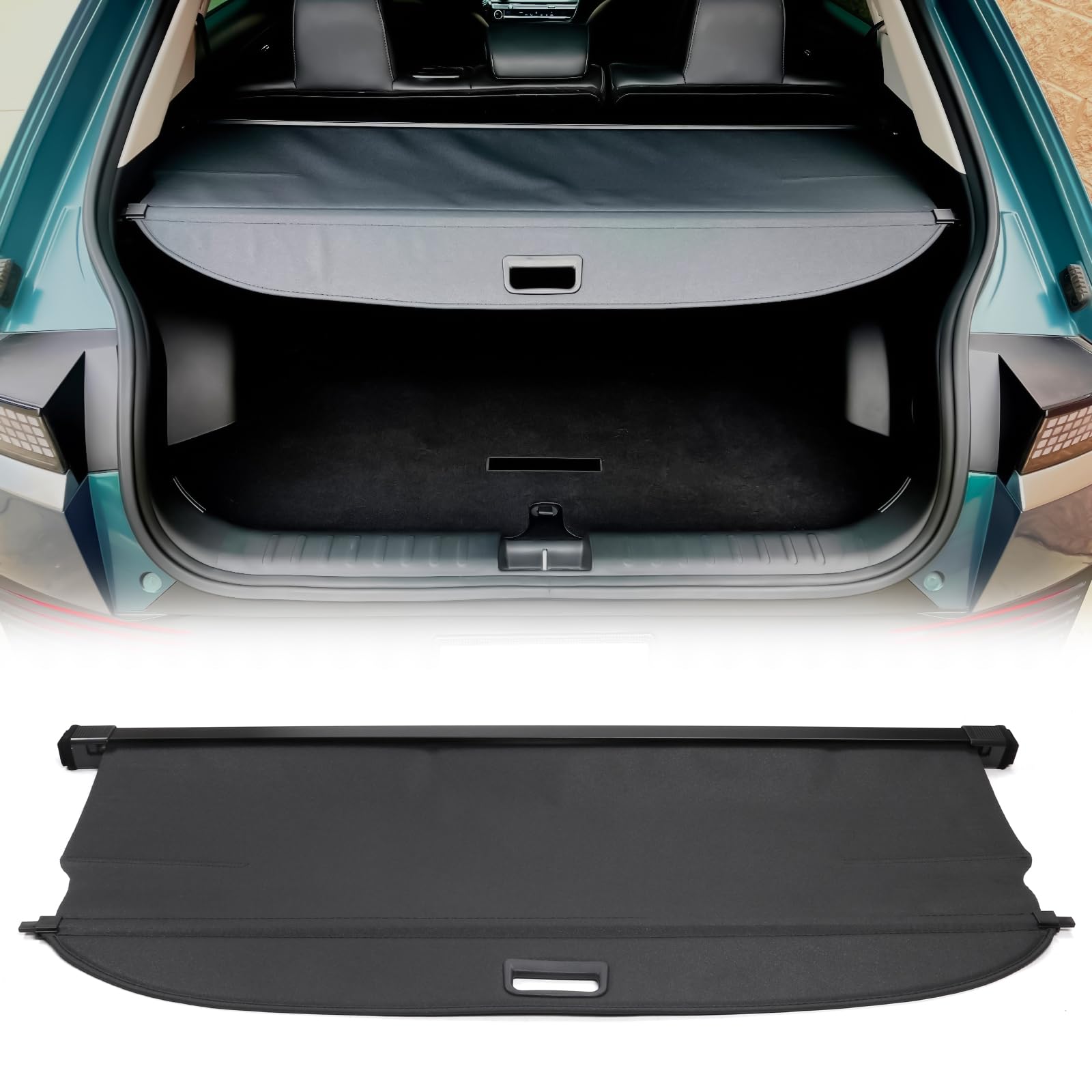 IKON MOTORSPORTS, Cargo Cover Compatible with 2022-2024 Hyundai Ioniq 5 All Models, OEM Style PVC & Aluminum Rod Black Security Rear Trunk Cover Security Retractable Shield 85940-GI000-NNB