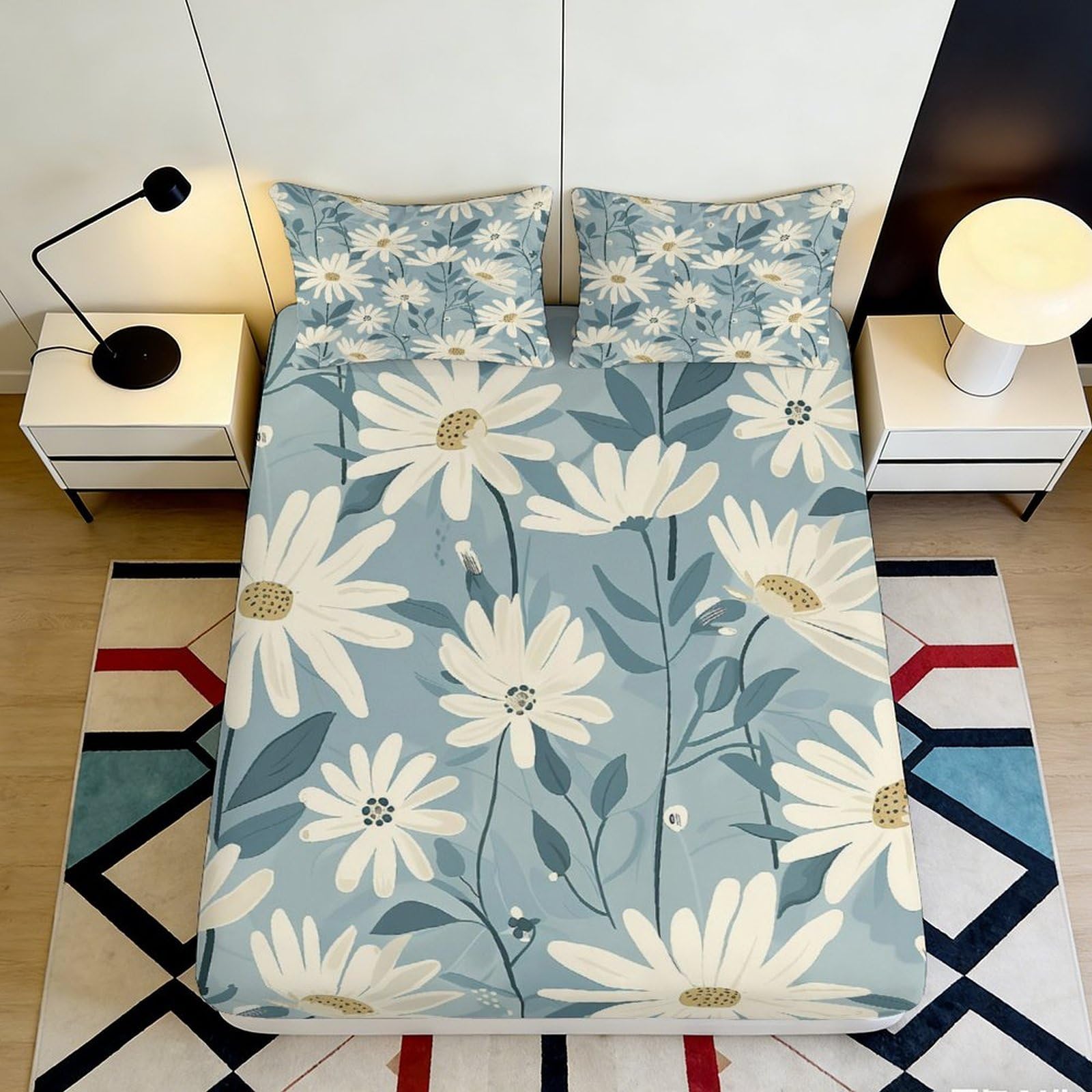 Pnayamiorkfel Style-1 3D Printed Daisy Flower Fitted Sheet Microfiber Soft Blue Botanical Bed Cover For Bedroom Dorm Mattress Decor 90X200x25cm