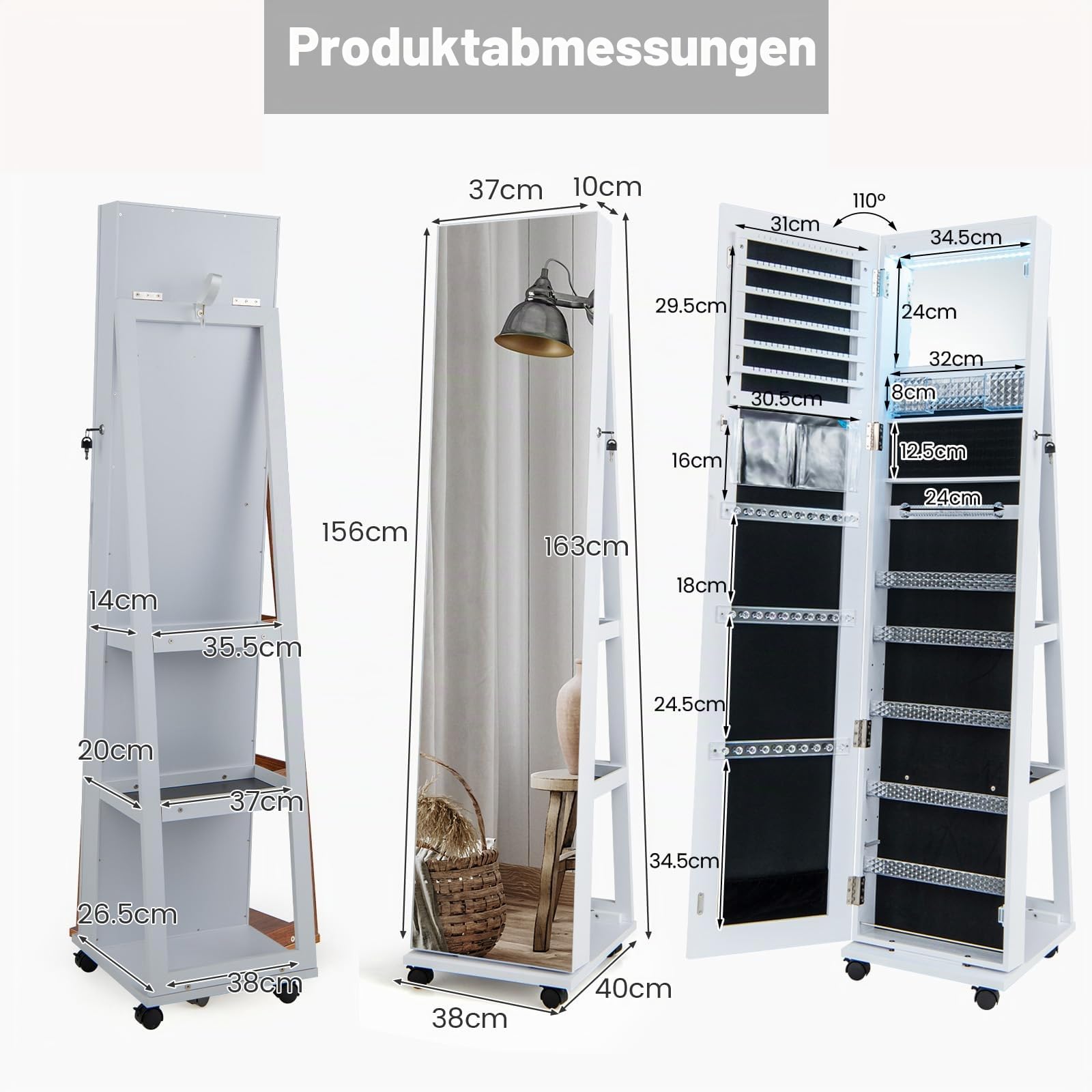 HOMASIS Schmuckschrank mit Rollen, drehbarer Spiegelschrank mit 3 farbigen LED-Lichtern & verstellbaren Regalen, stehender Schmuckspiegel für Halsketten Ohrringe Kosmetika (Weiß)