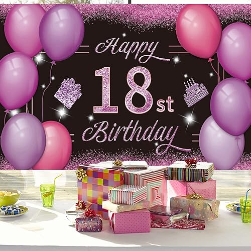 Miniatura 6 de Cartel de fondo de 18 cumpleaños rosa y morado con el texto en inglés "Happy 18st Birthday", suministros para fiesta de cumpleaños de 18 años,