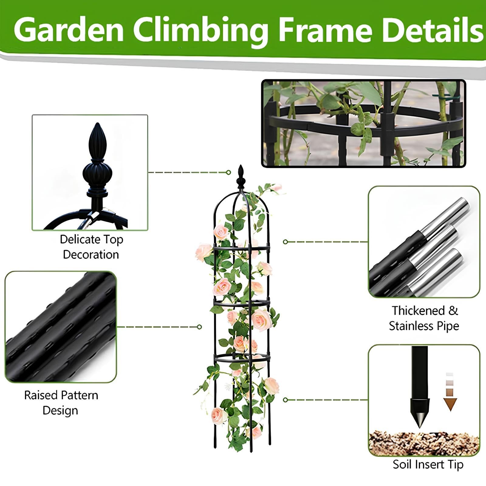 Tuteurs Obélisque pour Plantes Grimpantes Amovible 180cm/210cm Treillis de Jardin Plantes D'Intérieur D'Extérieur Légumes Fruits Support de Résistant aux Intempéries(Black,W32cm x H210cm)