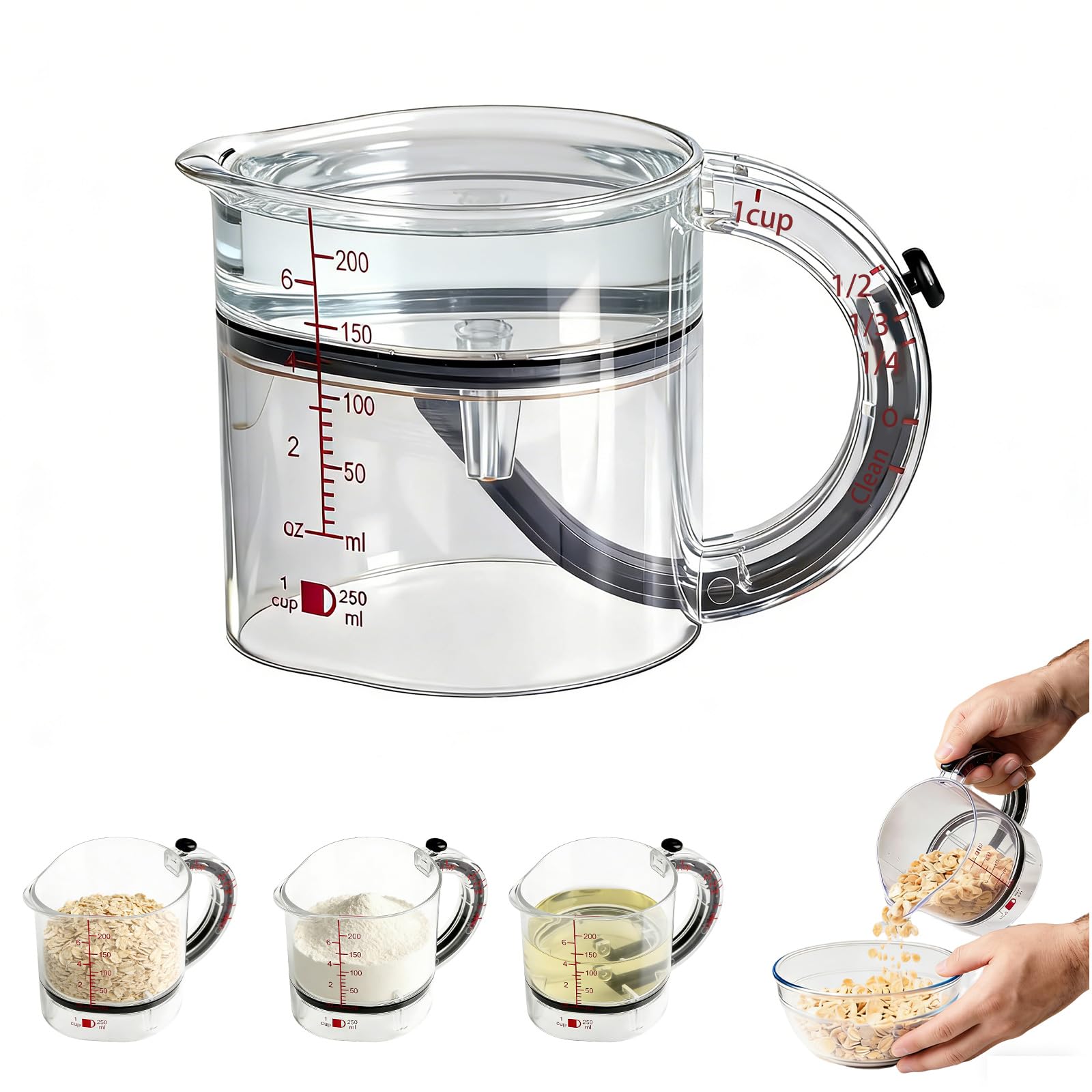 4-in-1 Adjustable Measuring Cup, Multi-Functional Sliding Measuring Up Cup, Scraper-Style Seal Base, Metric & Imperial Measurements, Space-Saving Easy to Clean No Waste for Cooking Baking