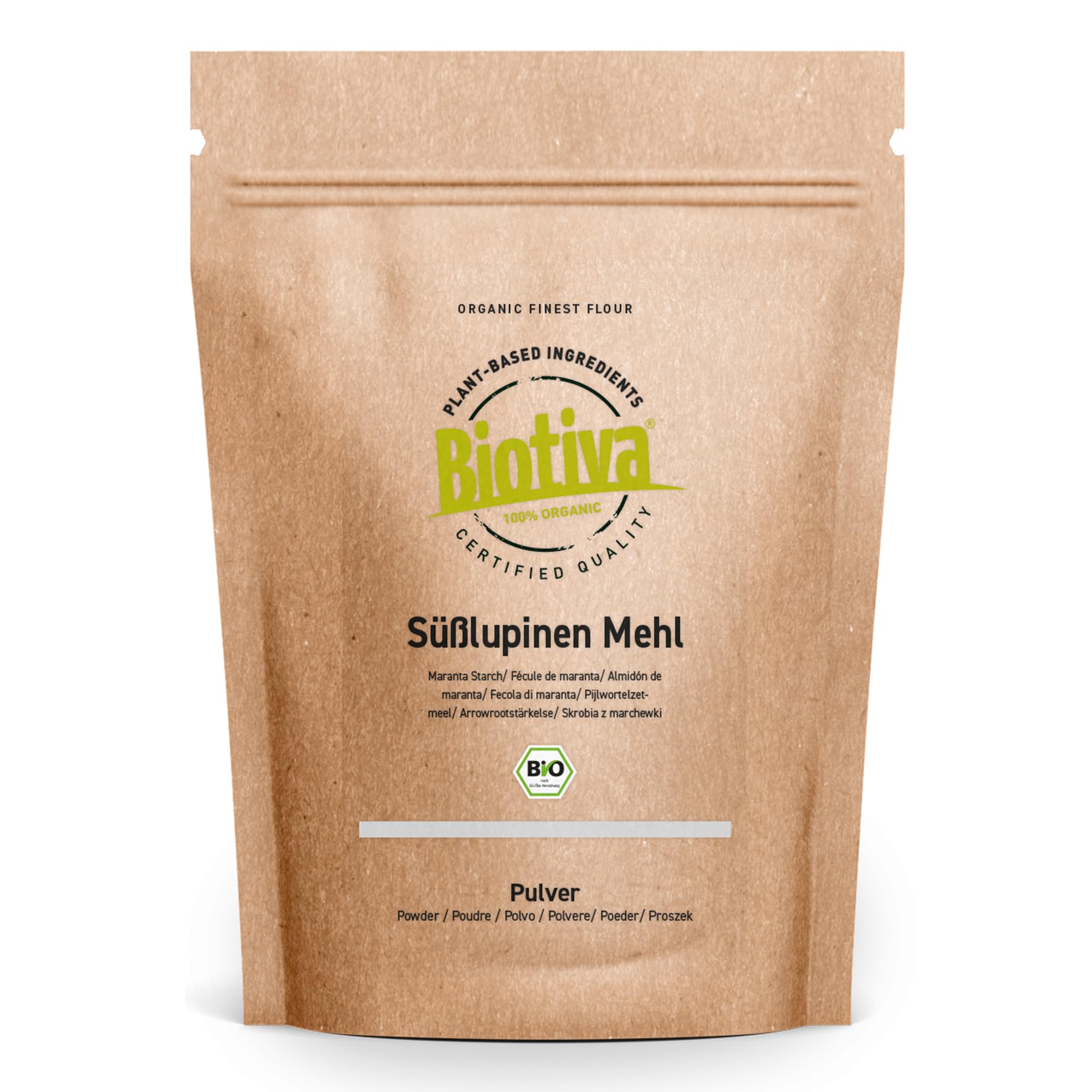 Farine de lupin doux Biotiva 1kg - à base de graines de lupin - 100% naturelle - substitut végétalien de farine de céréales - sans gluten - certifiée et conditionnée en Allemagne