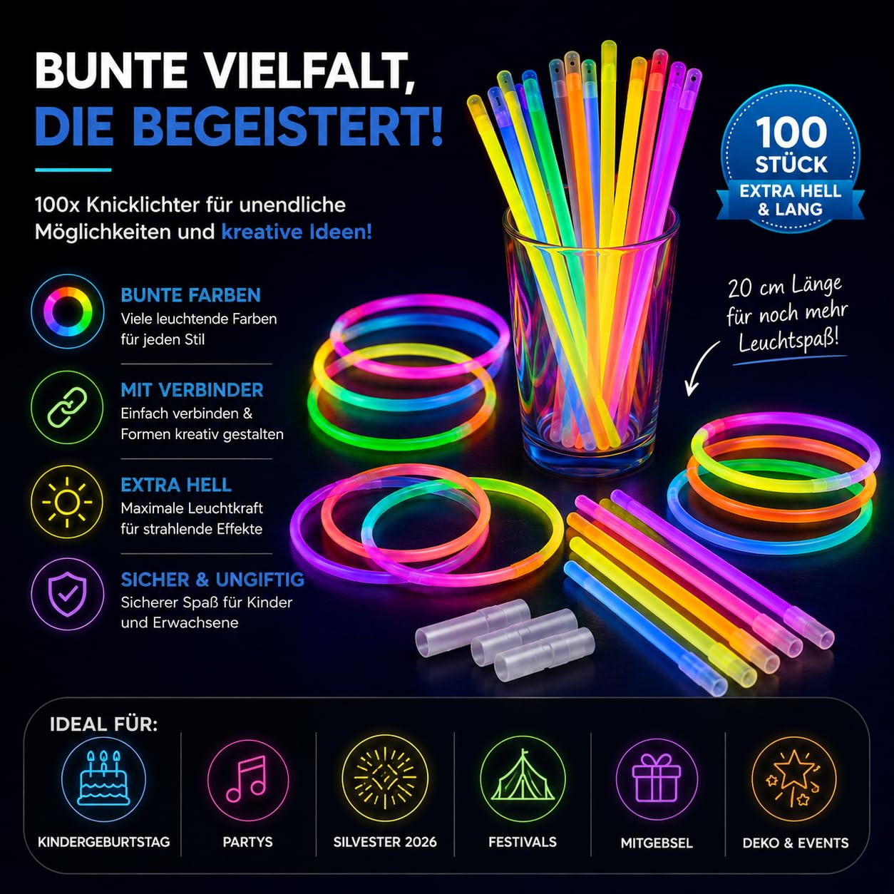 PYROHELD 1000x Knicklichter - Leuchtstab - extra Hell & Lang - in bunten Farben für Kindergeburtstag, Party, Silvester, Mitgebsel, Festival, Geburtstag - Glow Sticks mit Verbinder (1000)