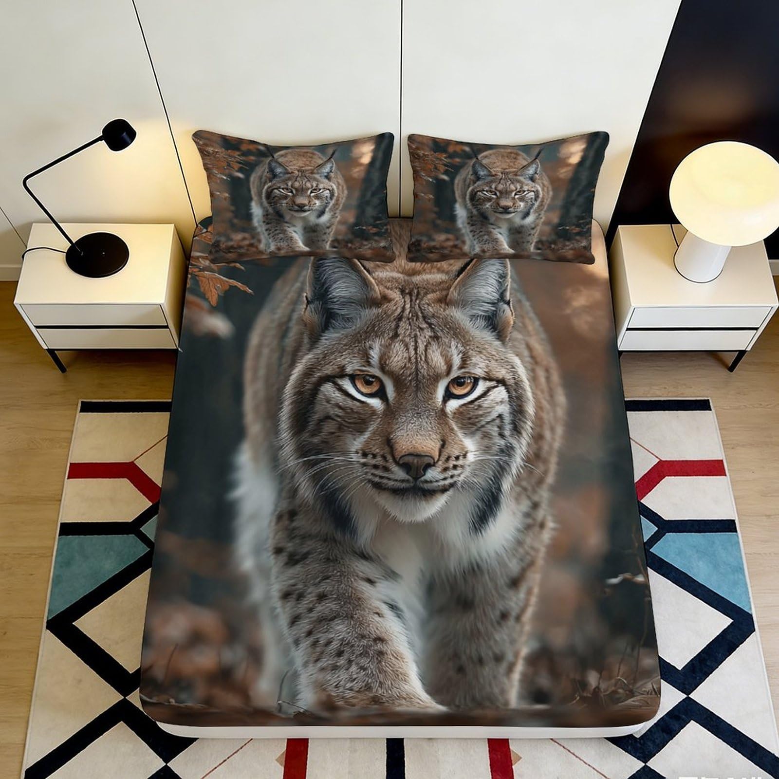 3D Printed Wild Lynx Fitted Sheet Microfiber Soft Breathable Forest Leaves Mattress Cover for Bedroom Dorm Mattress Protection Decor 140x200x25cm