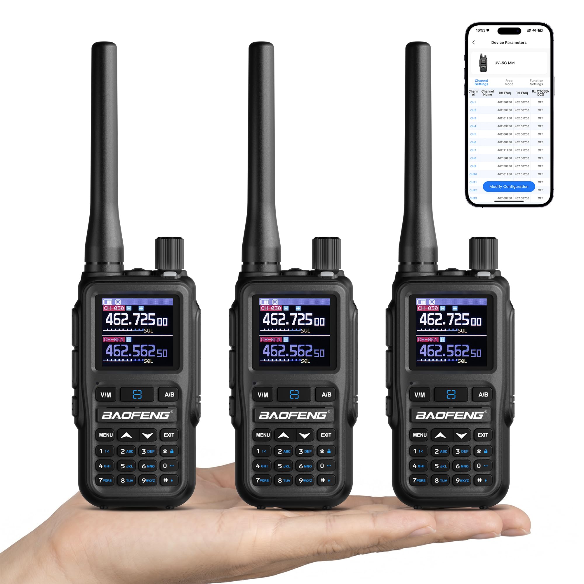 BAOFENG GT-5R Mini 5W Dualband-Handfunkgerät, kabellose App-Programmierung, 999 Kanäle, Dual-PTT, USB-C-Aufladung, Airband-/FM-Empfänger, tragbares Taschen-Walkie-Talkie (3 Packungen, Grau)