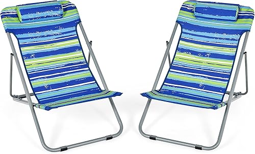 COSTWAY Juego de 2 sillas de playa portátiles de 3 posiciones con reposacabezas azul