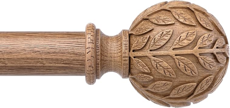 Wood Curtain Rod 36-91 Inch, Boho Decorative 1 Inch Rustic Curtain Rods for Windows, Adjustable Heavy Duty Vintage Window Treatment Rods, Imitation Wood Grain Leaf Finials, Coastal Style