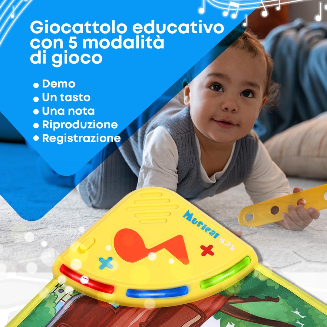 NK Tappetino Musicale per Bambini con 8 Suoni di Animali LED - Gioco Regali Bambino 3 4 5 annos, Tappeto Pianoforte Musicale Montessori, Regalo Natale e Compleanno, Funzione Record/Playback (110x36cm)