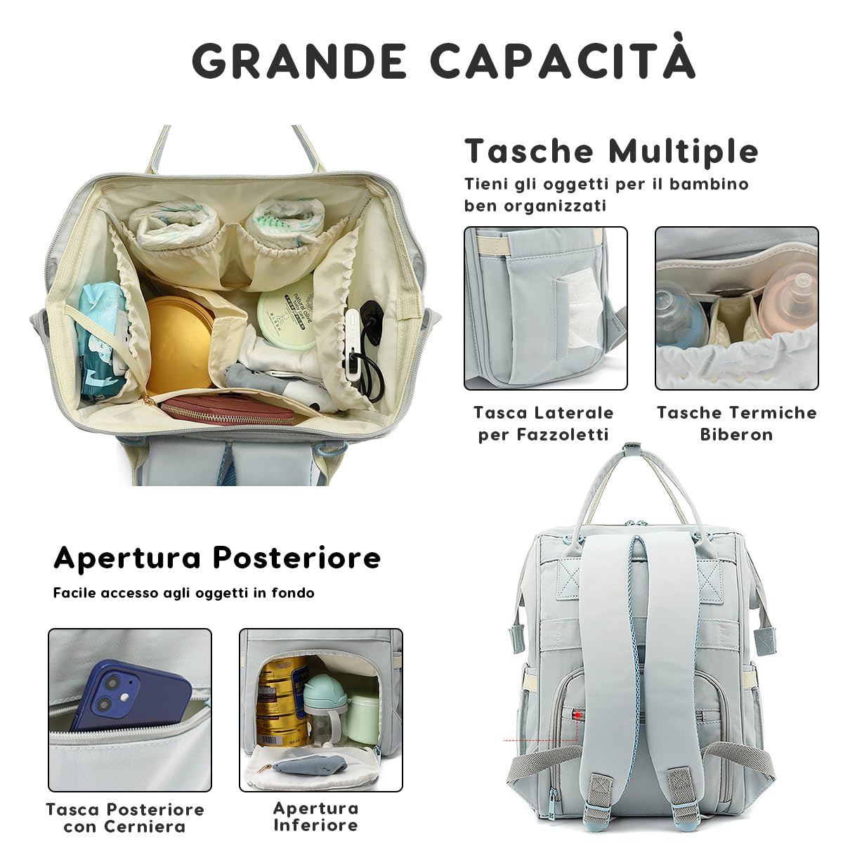 SONARIN Multifunzionale Grande Capacità Zaino Fasciatoio,Multi-Tasche Impermeabile Borsa per Pannolini Zaino Mamma Borsa Fasciatoio da Viaggio con 2 Tasche Termiche & Porta USB(Bianco Grigiastro)