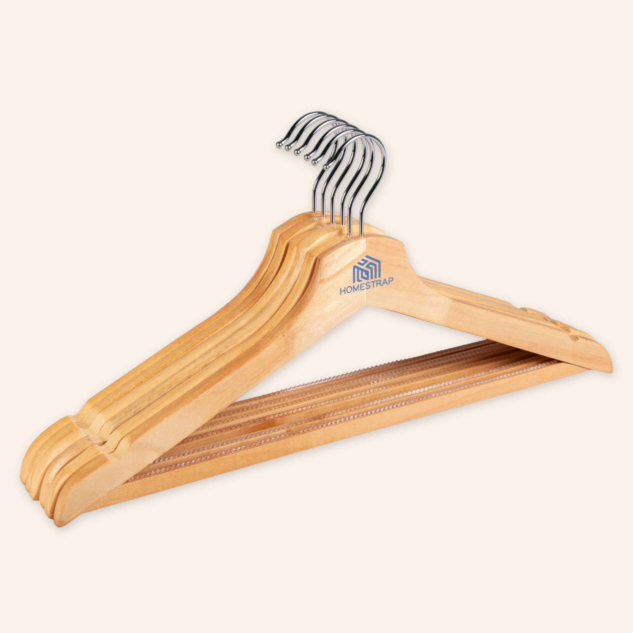 Homestrap Premium Wooden Anti-Slip Silicone Teeth Hanger (Pack of 12)|Smooth Non-Slip Notches with Rust-Free 360 Rotating Chrome Hooks|Lightweight and Smooth Finish for Clothes
